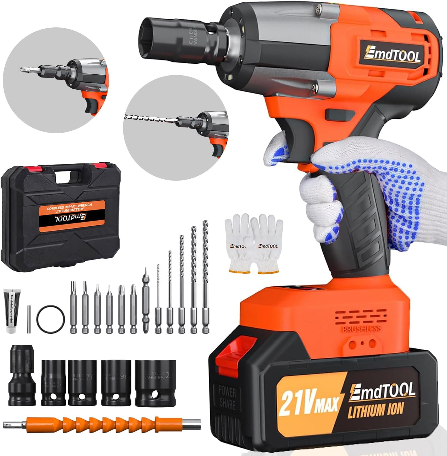 Cordless Impact Wrench, 1/2 inch Brushless Impact Gun, 2500rpm & Max Torque 550Nm, High Torque Impact Wrench with 4 Socket Set, 12 Drill Set, 4.0Ah Battery, Charger, Carry Box, for Furniture/light car
