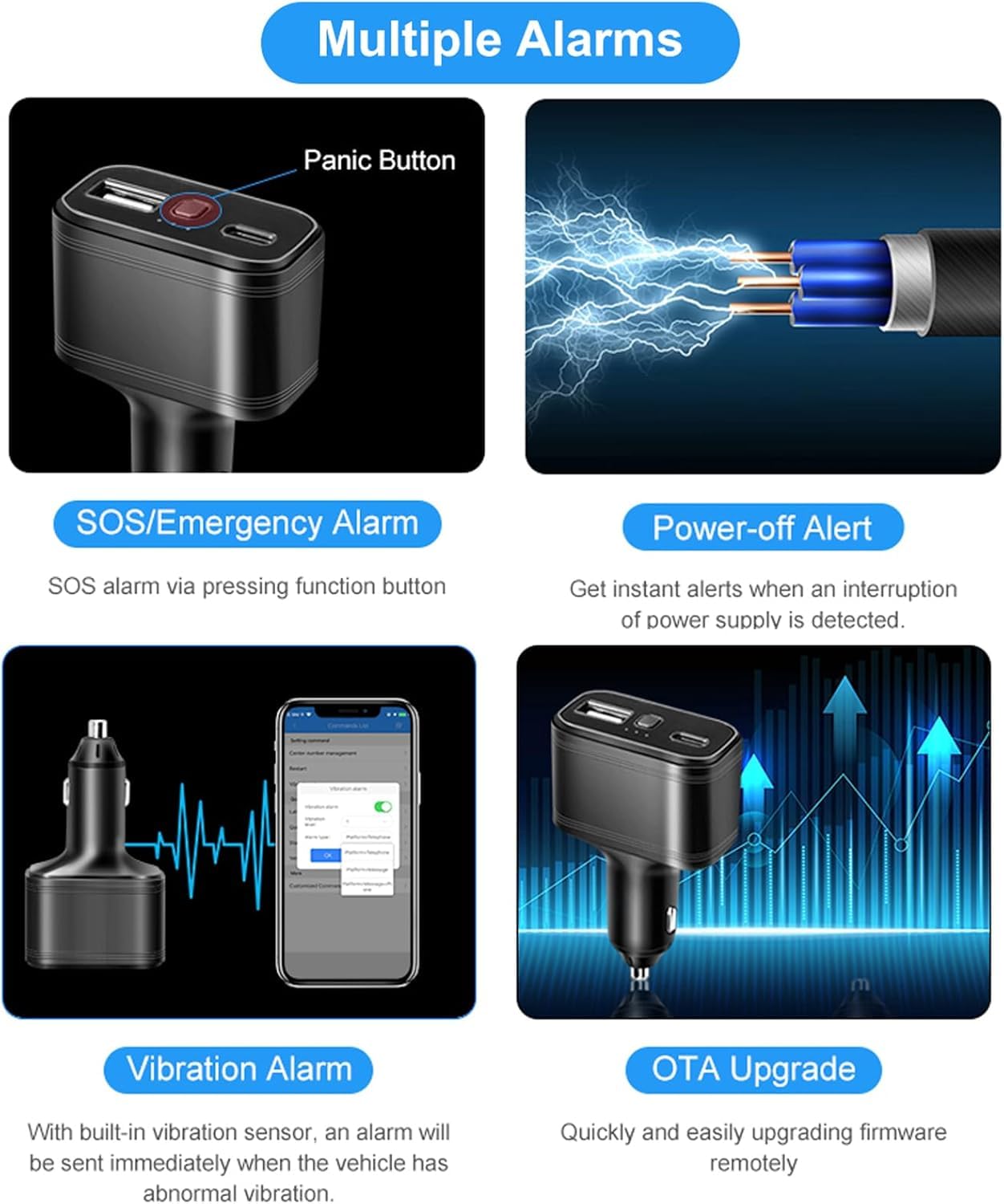 Traceur GPS 4G LTE, appareil de traceur GPS 4G caché sans ABO allume-cigare de voiture, double port de charge USB de type C, localisation en temps réel, alarme de vibration, alarme de déconnexion, etc