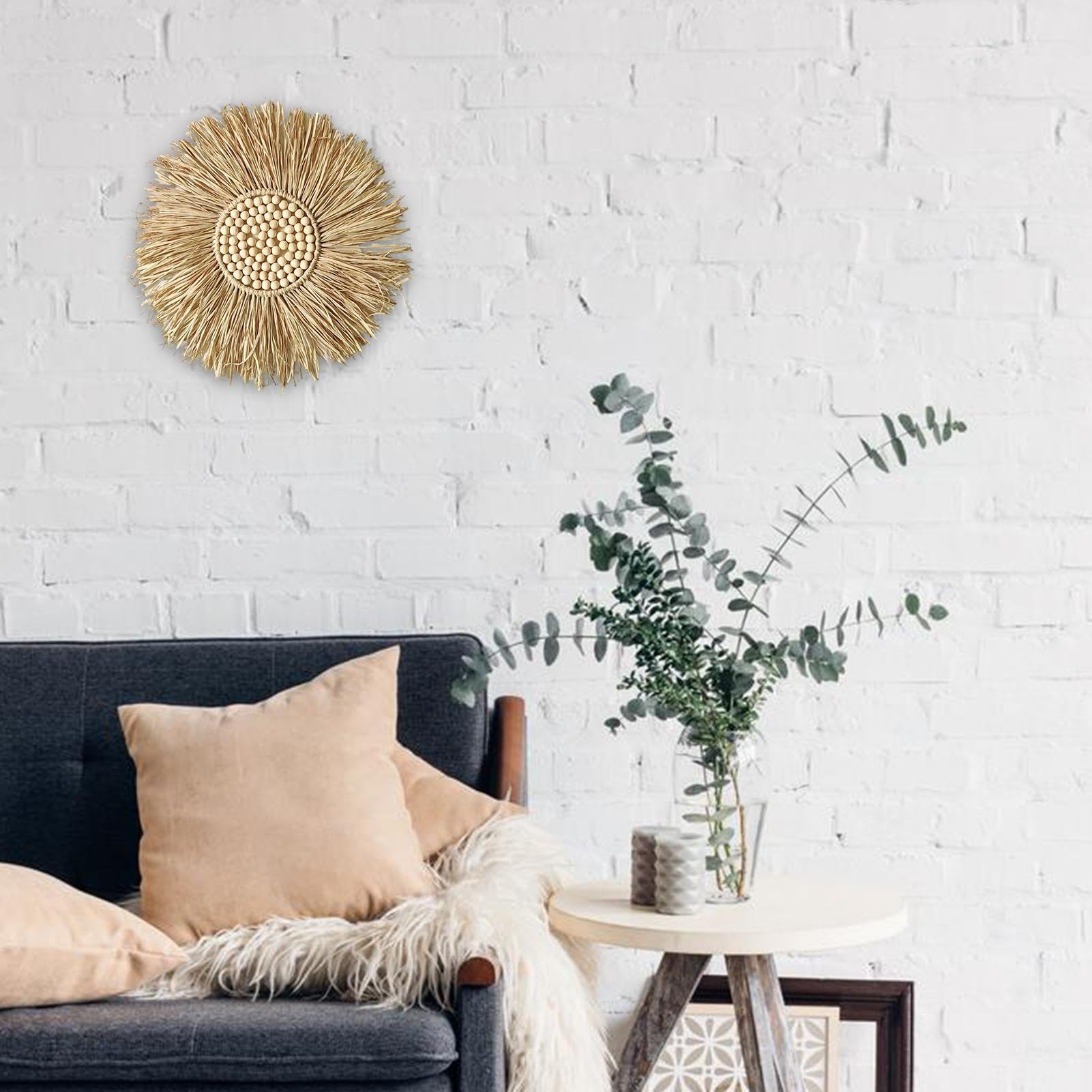 Décoration Murale Boho En Rafia Tissée à La Main - 40 Cm De Diamètre, Style Naturel Pour Salon, Chambre - 5
