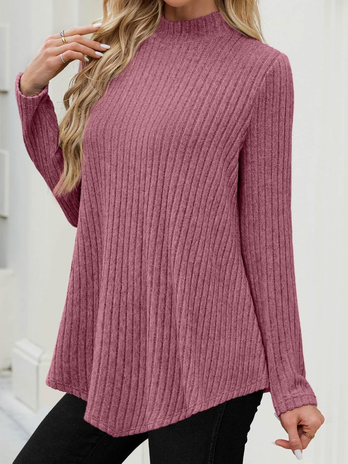 JUSTFASHIONNOW Mock Turtleneck Tops for Women Cozy Sweaters Trendy Long Sleeve Shirts Tunic Tops to Wear with Leggings - Image 5