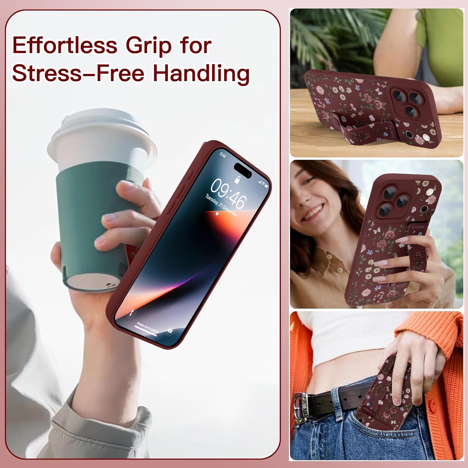 Compatible with iPhone 17 Pro Max Case with Wrist Strap, Cute Floral Flower Pattern, Soft TPU Phone Cover, Adjustable Wristband Kickstand Shockproof Protective Case for Girl Women, Burgundy - Image 6