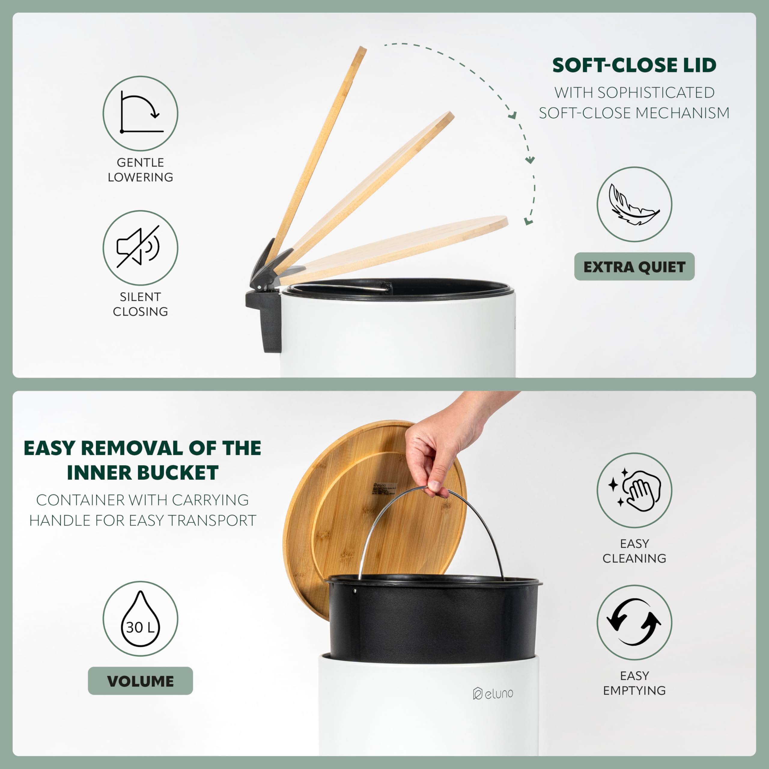 eluno Cubo de basura de cocina con pedal de 30 litros de capacidad, con tapa de bambú de cierre suave para baño, cocina, cubo interior de plástico extraíble, de bambú y metal (Blanco)