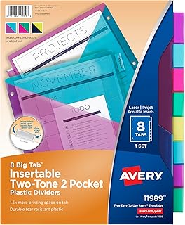 Avery Big Tab Insertable Plastic 2 Pocket Dividers for 3 Ring Binders, 8 Tab