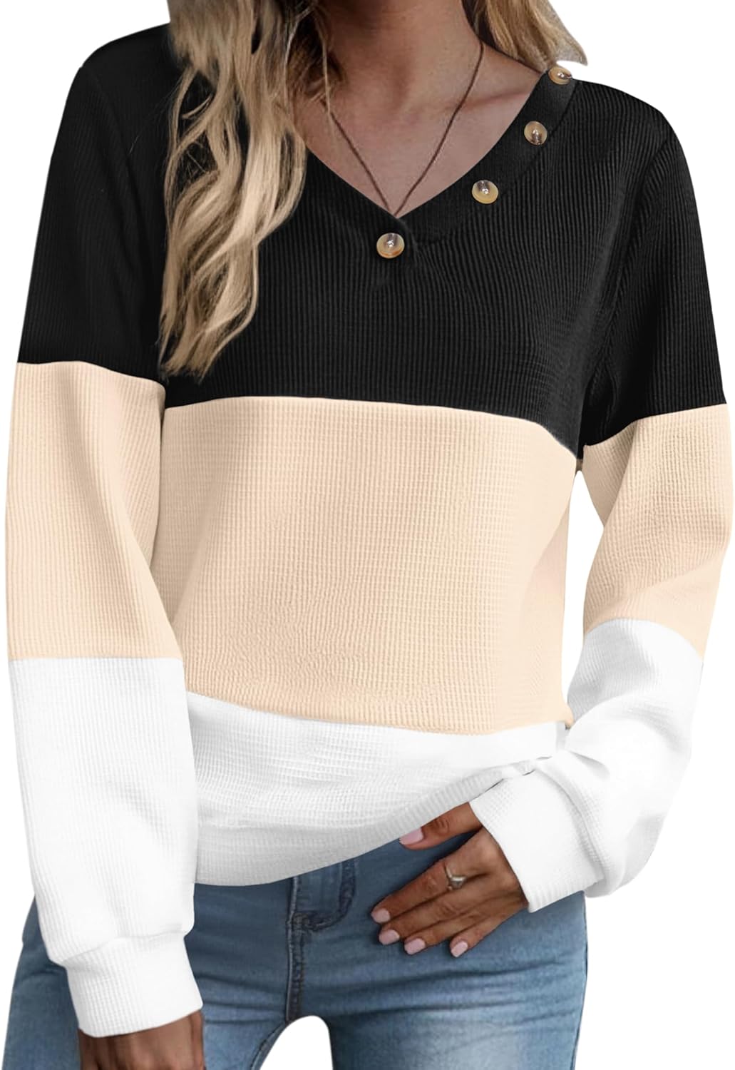 Zeagoo Women Waffle Knit Tops V Neck Long Sleeve Tunics Color Block Casual Blouse Fall Fashion 2025 Button Decor T Shirt