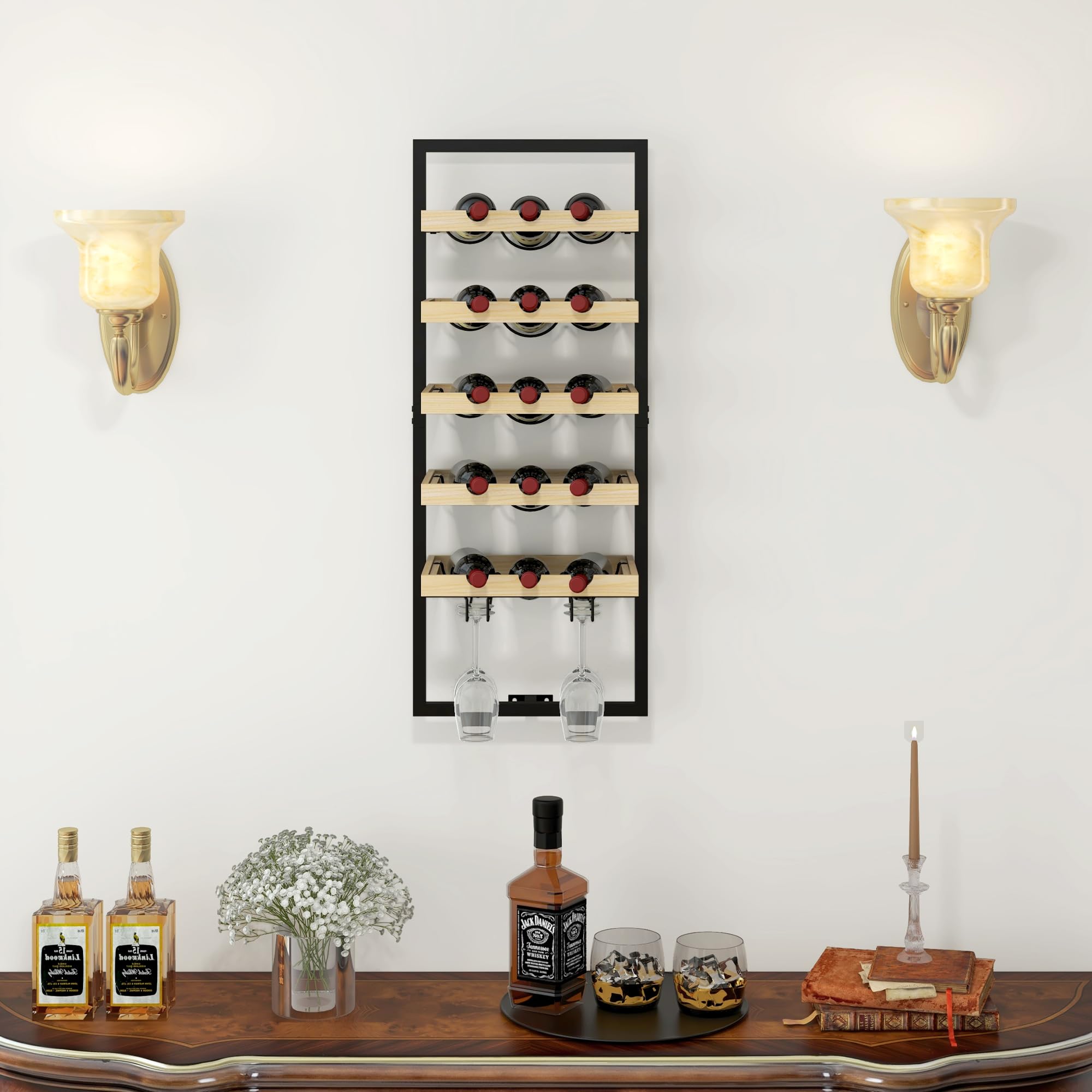 HOMCOM Étagère à vin Murale, Porte-Bouteilles, étagère à Bouteilles 5 Niveaux pour 15 Bouteilles 4 Verres, Bois de pin, 35 x 25 x 86 cm