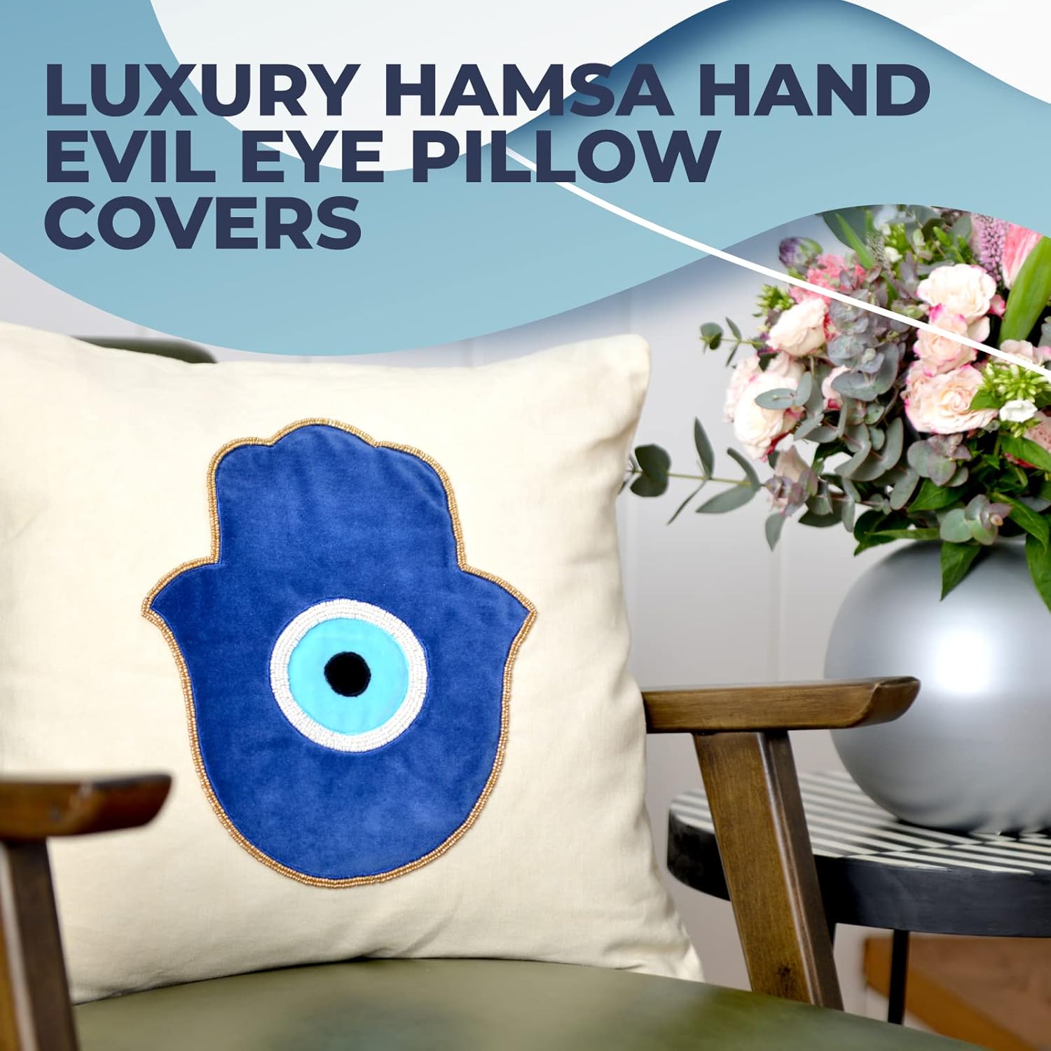 WALBROOK Evil Eye Pillow Cover 18x18 - Boho Hamsa Decorative Pillow Covers, Evil Eye Decor Boho Pillow Covers, Evil Eye Turkish Decor Blue Throw Pillows, Hamsa Hand of Fatima, Nazar Amulet Gifts