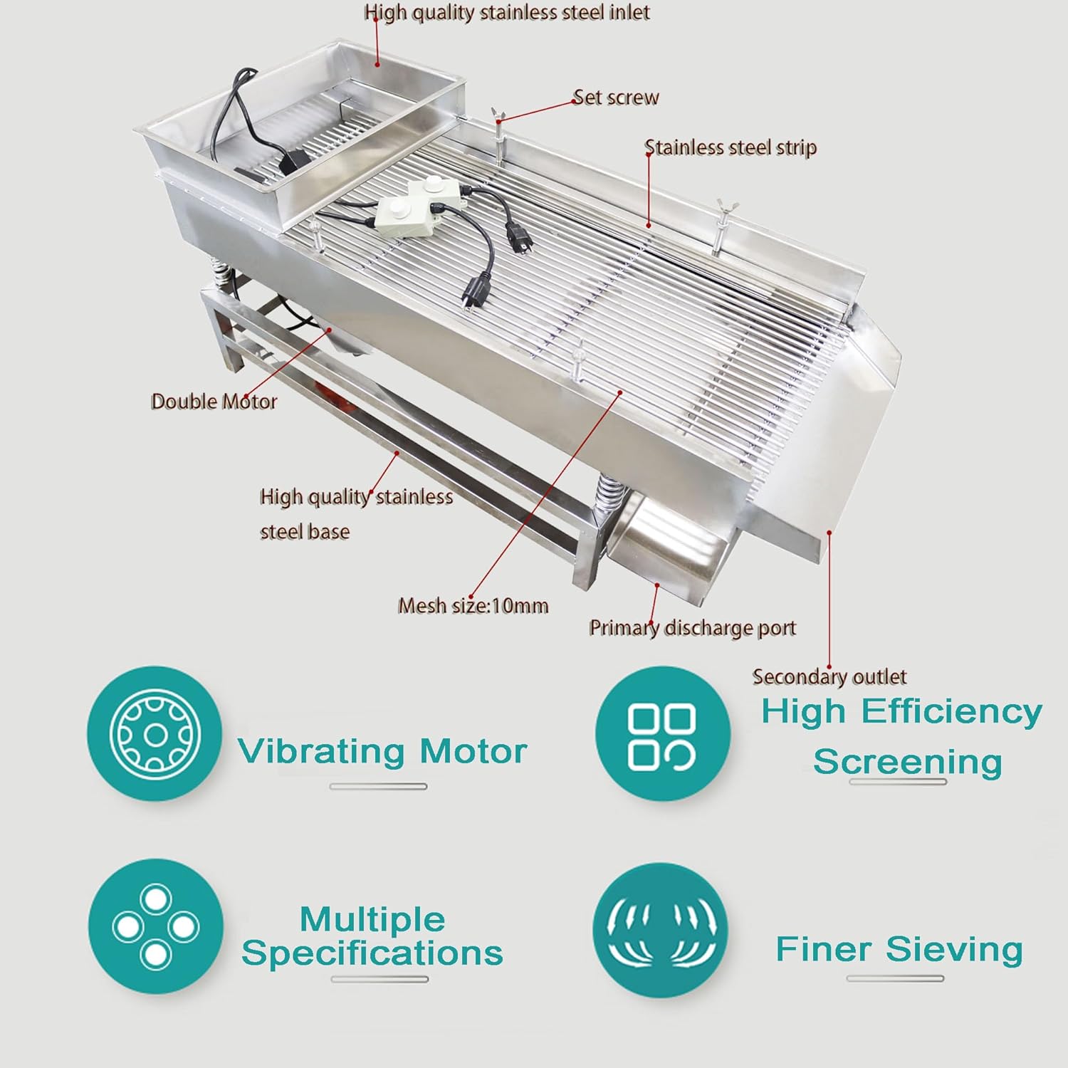 Linear Vibrating Screen Straight Vibrating Sieve Sifter Electric Linear Vibrating Sieve Shaker JG40-95 Stainless Steel 10mm Long Strip Sieve Screen Single Layer with 2 Motor 110V