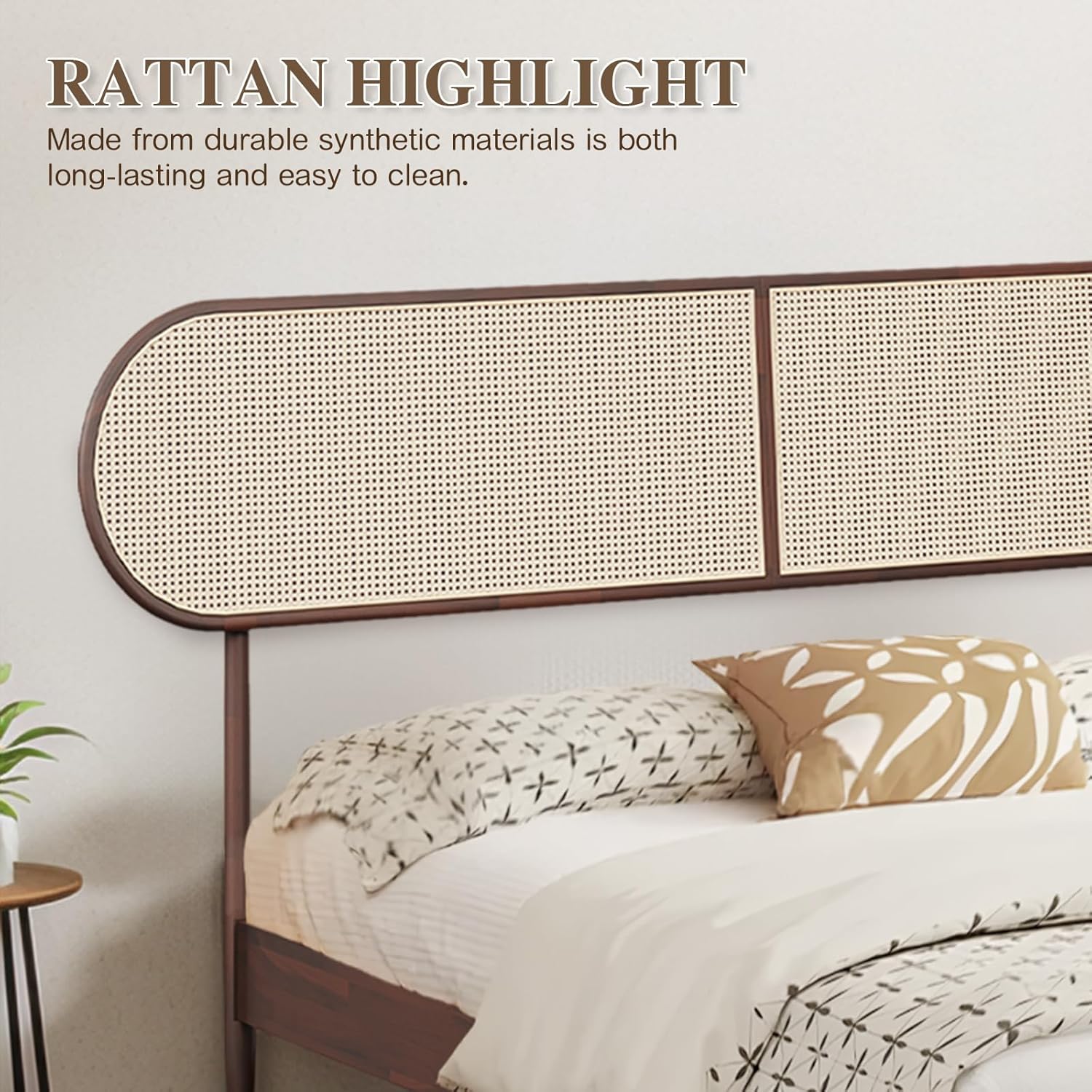 King Bed Frame with Rattan Headboard, Solid Wood Foundation with 12-Slat Wood Support, Bohemian and Mid Century Style, No Box Spring Needed, Dark Walnut