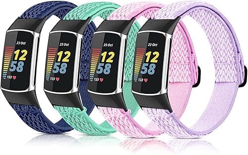Miniatura 1 de Correa elástica de nailon compatible con reloj Fitbit Charge 5, transpirable, ajustable, bandas de repuesto de tela elástica para Charge 5, mujeres