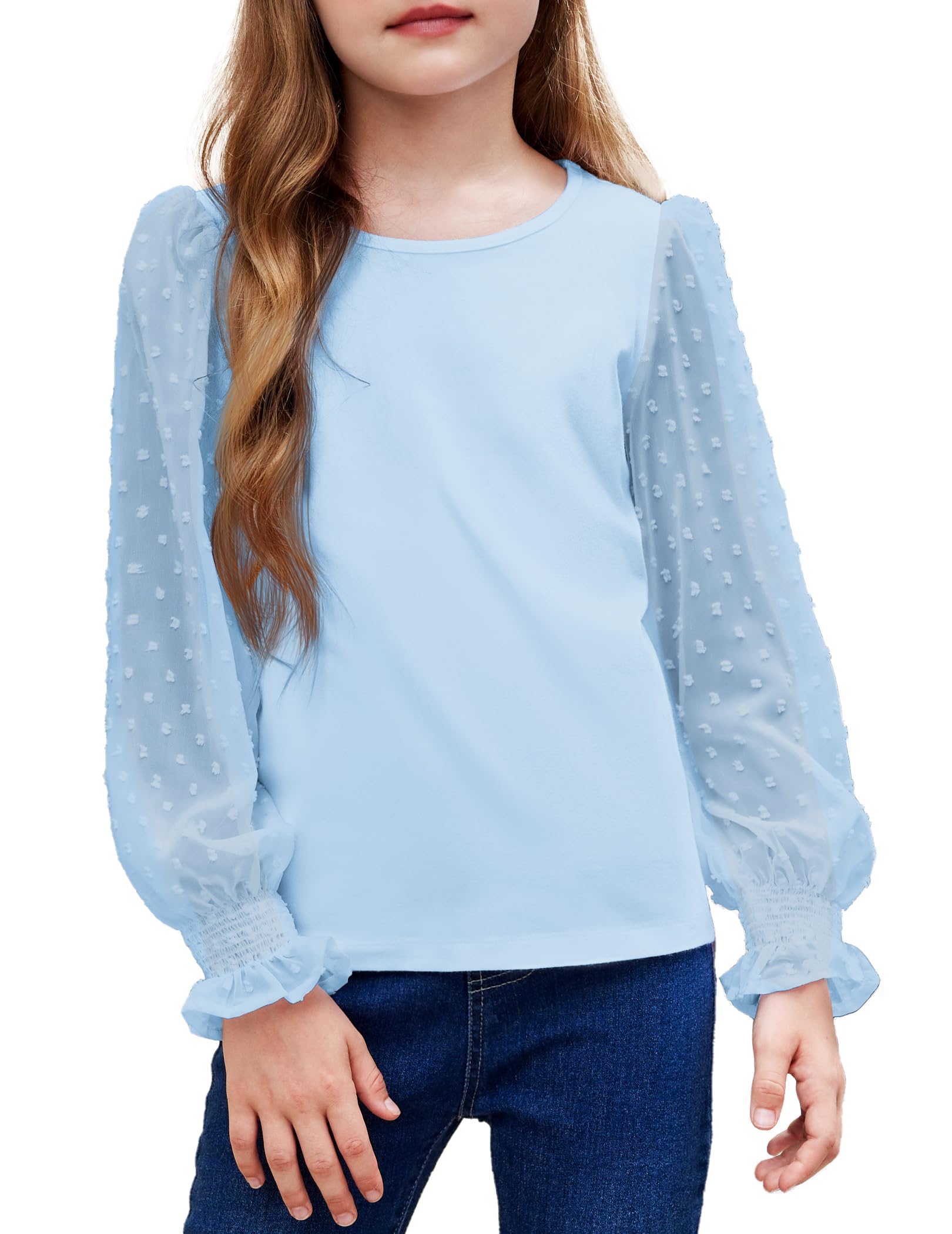 Arshiner Mädchen Langarmshirt mit gesmokten Rüschenmanschetten Polka Schweizer Dots Kinder Pullover Shirts Süßes Rundhals Oberteil Bluse für Mädchen 5-12 Jaher