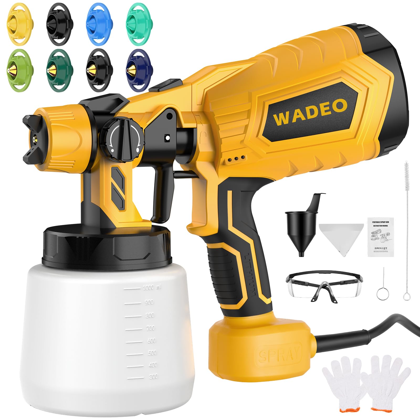 WADEO Pistola per Verniciare, [Scelta per la Casa] [800W/1000ml/8 Bocchette/3 Modelli] HVLP Pistola a Spruzzo per Muri, Mobili, Cancelli, Soffitto, Giardino