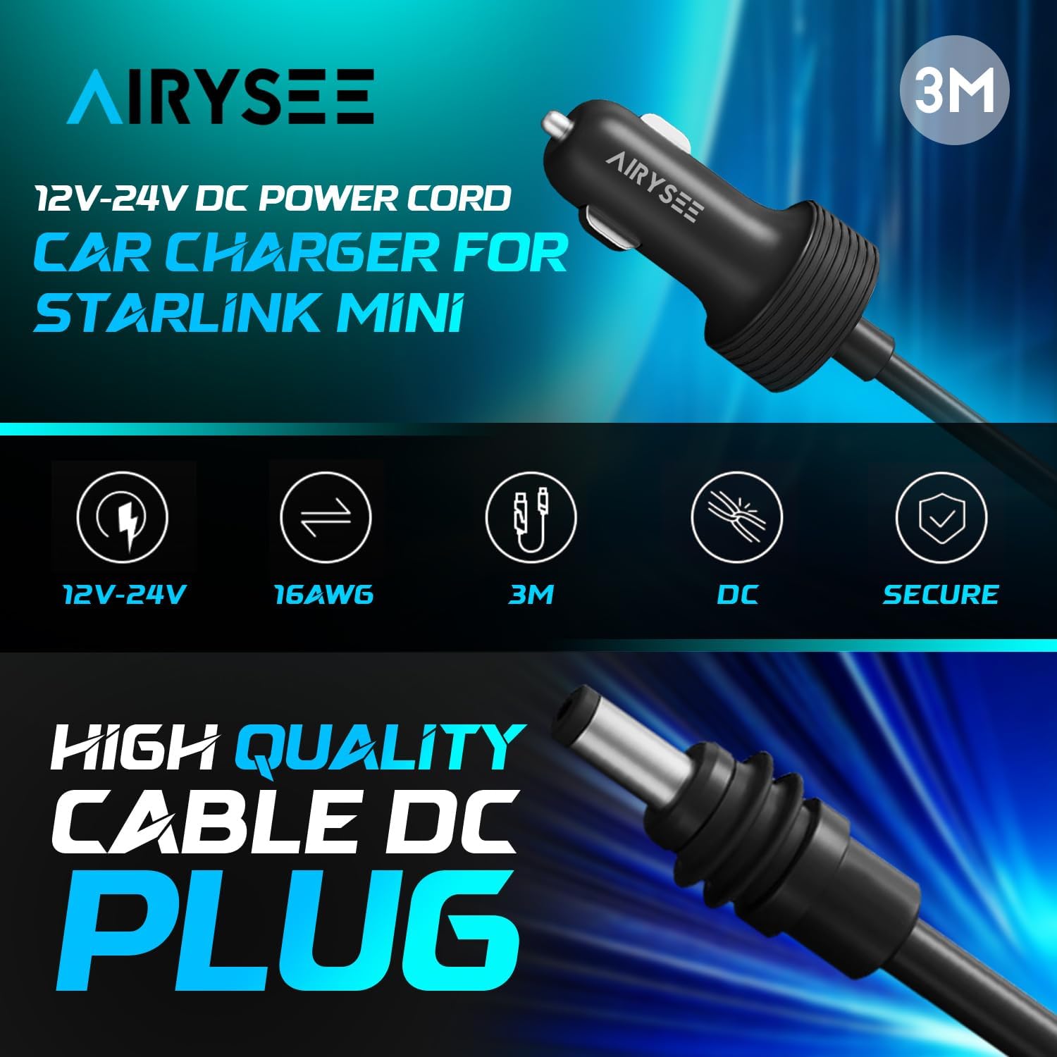 Starlink Mini Power Cable 3M/10FT, 12V Car Charging Adapter Cord with Cigarette Lighter to DC 18 AWG, Waterproof Starlink Mini Travel kit for Car, Truck, RV, Pickup image 3
