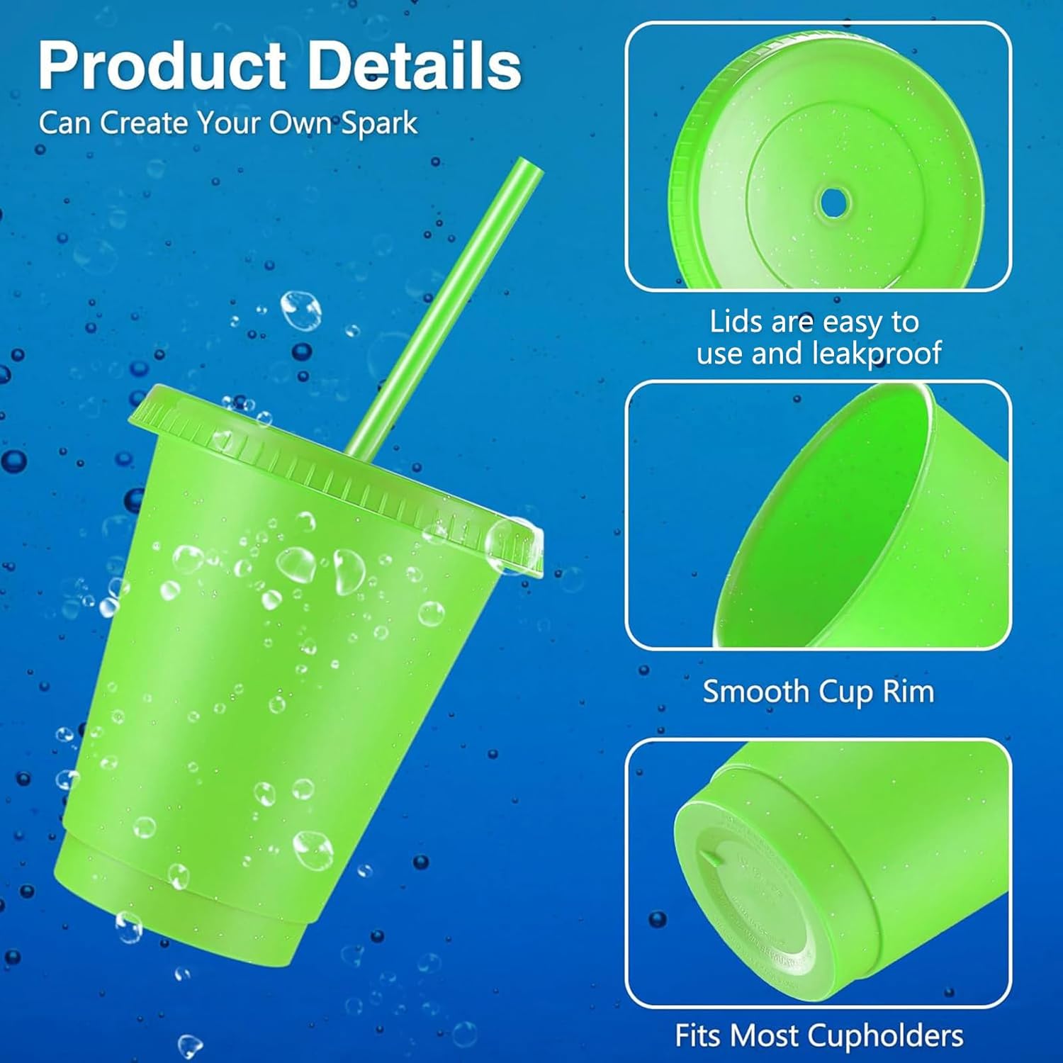 Rtteri 15 Pcs Reusable Cups with Straws and Lids 16 oz Glitter Tumblers Plastic Party Favor Cups with Lids Travel Mug Tumbler for Valentine's Day Party Iced Beverage Water(Green) - Image 3