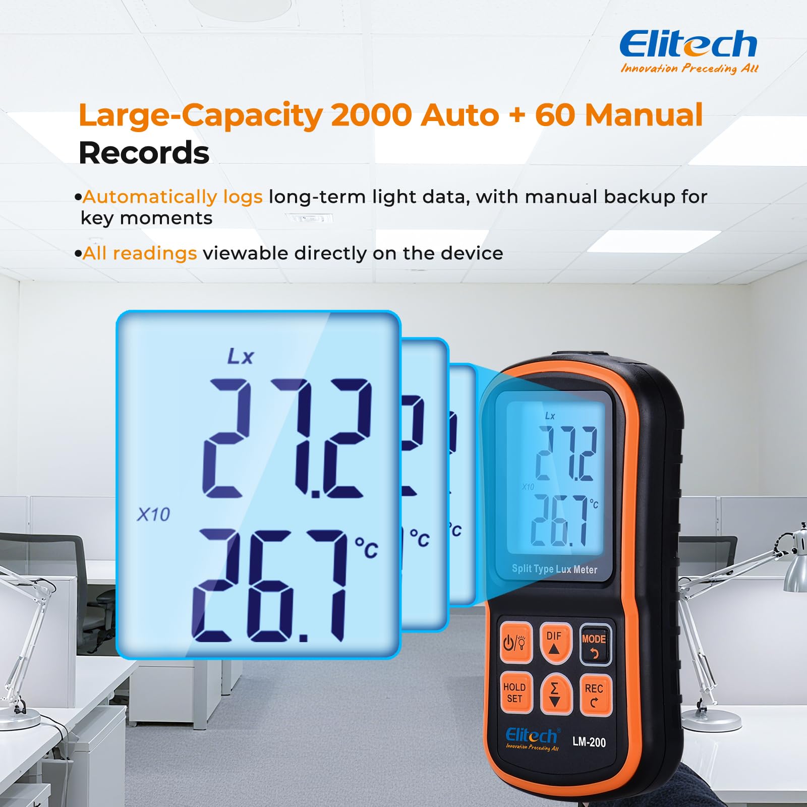 Elitech Misuratore di Luce Digitale Luxmetro Portatile con Display LCD, Portata 200.000 Lux, Misura della Temperatura LM-200