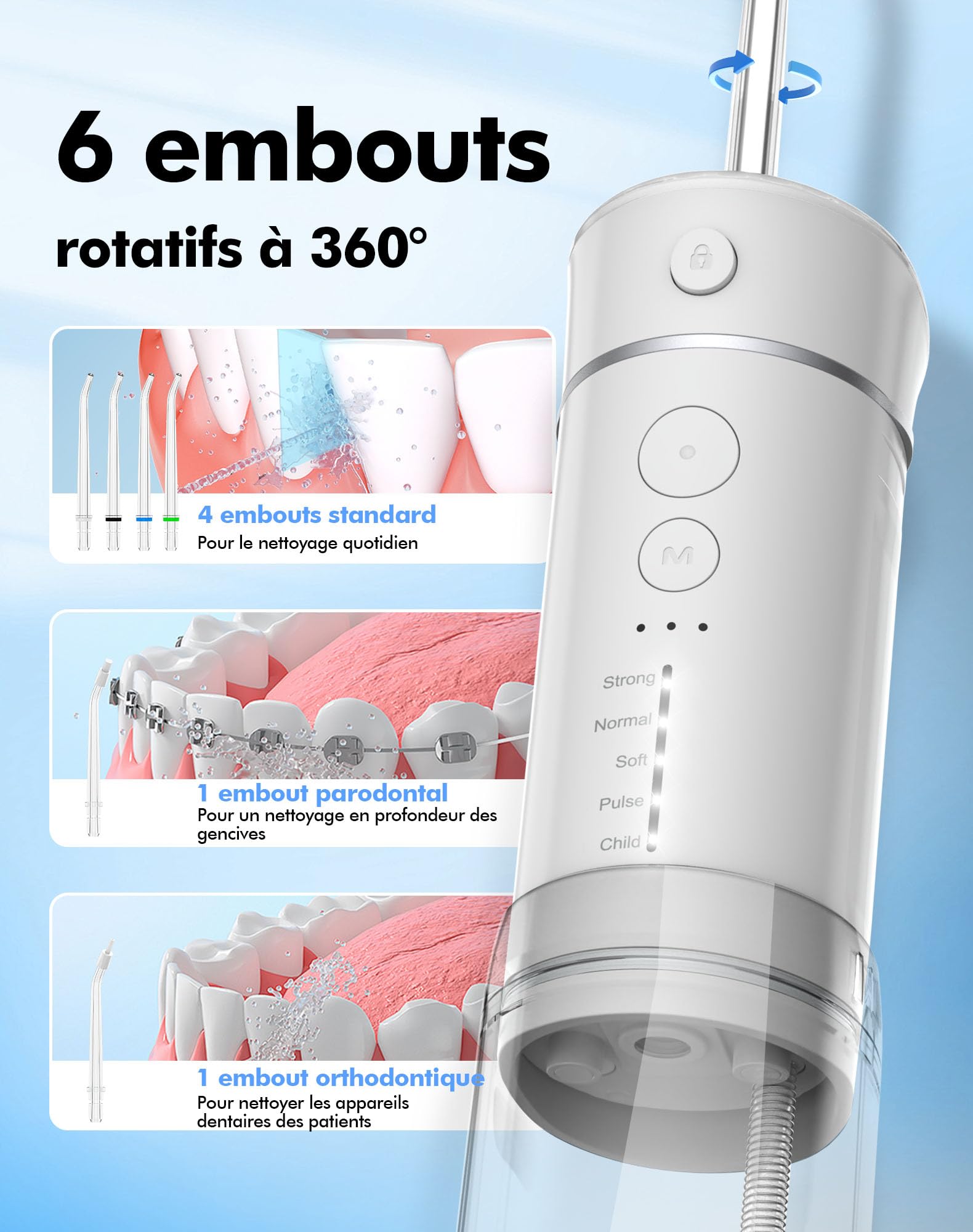 Bezvoi Mini Jet Dentaire Hydropulseur Portable- Irrigateur Oral Rechargeable avec 6 Embouts, 5 Modes, Réservoir 180ml, Étanche IPX7 - Pour Soins Buccaux, Voyage et Soins Orthodontiques,Blanc