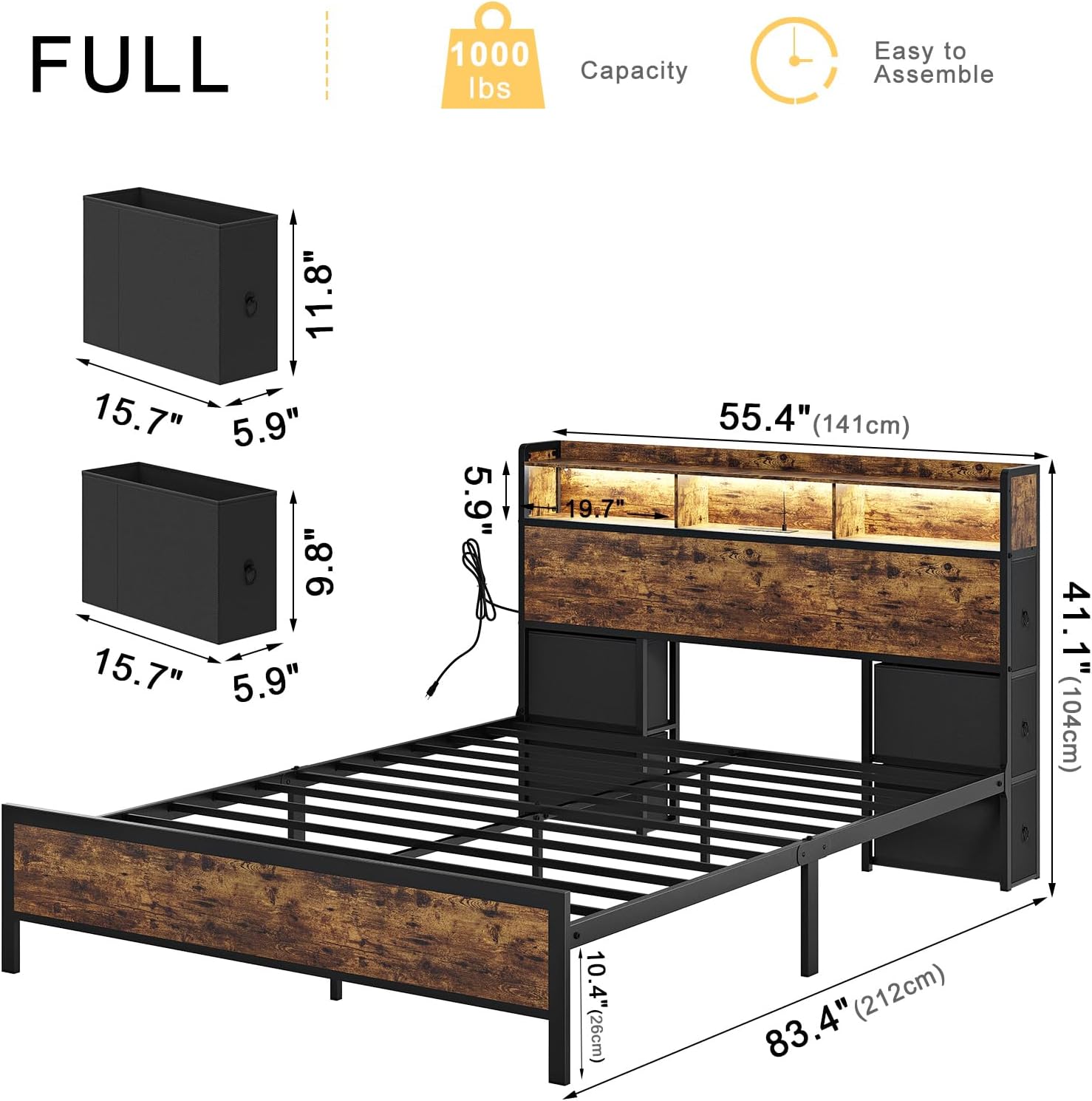 HAUSOURCE Full Bed Frame with Bookcase Headboard and 6 Headboard Storage Drawers LED Lights Metal Platform Non-Slip Without Noise Metal Slats Support No Box Spring Needed