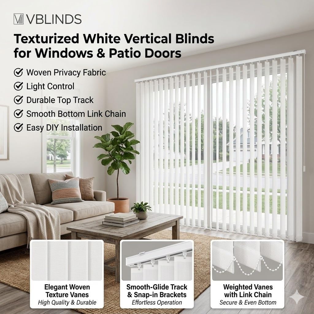 White Vertical Blinds for Sliding Glass Doors, Large Windows Shades 44" 48" 55" 68" 72" 84" 96" 102" Blackout Patio Doors Blinds, Cordless Room Divider Vertical Blind(35" W x 70" H)