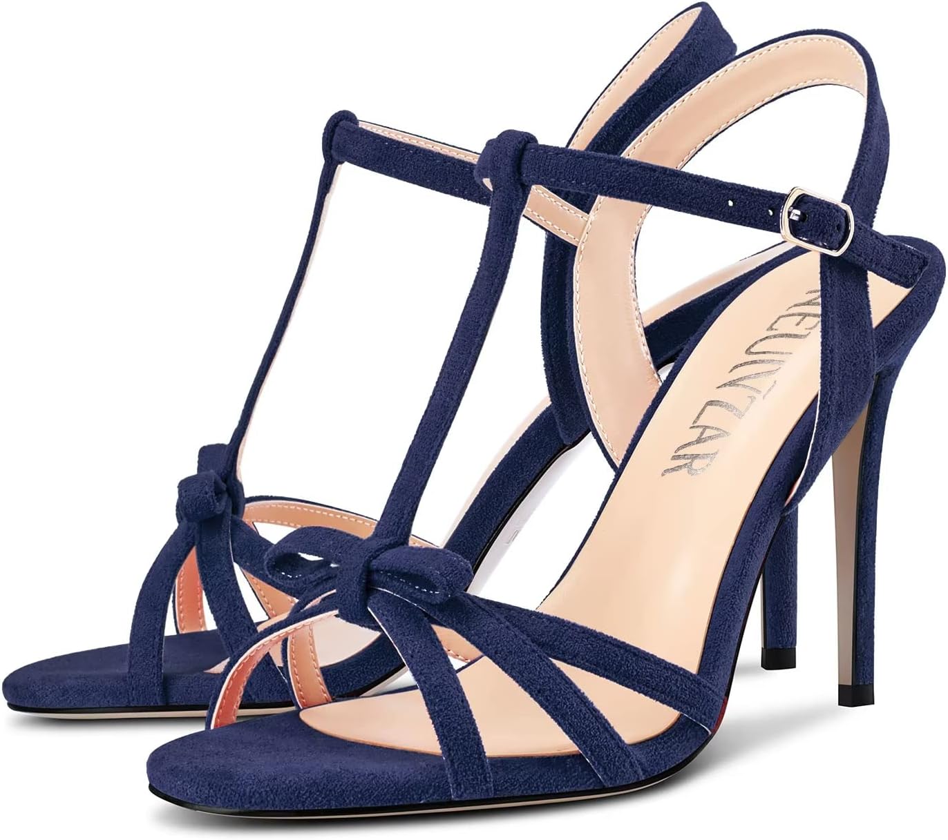 HEUIVZAR Women Stiletto High Heel Peep Open Toe Pumps T-Strap Buckle Bow-Knot Wedding Dress 3.9 Inches Heels