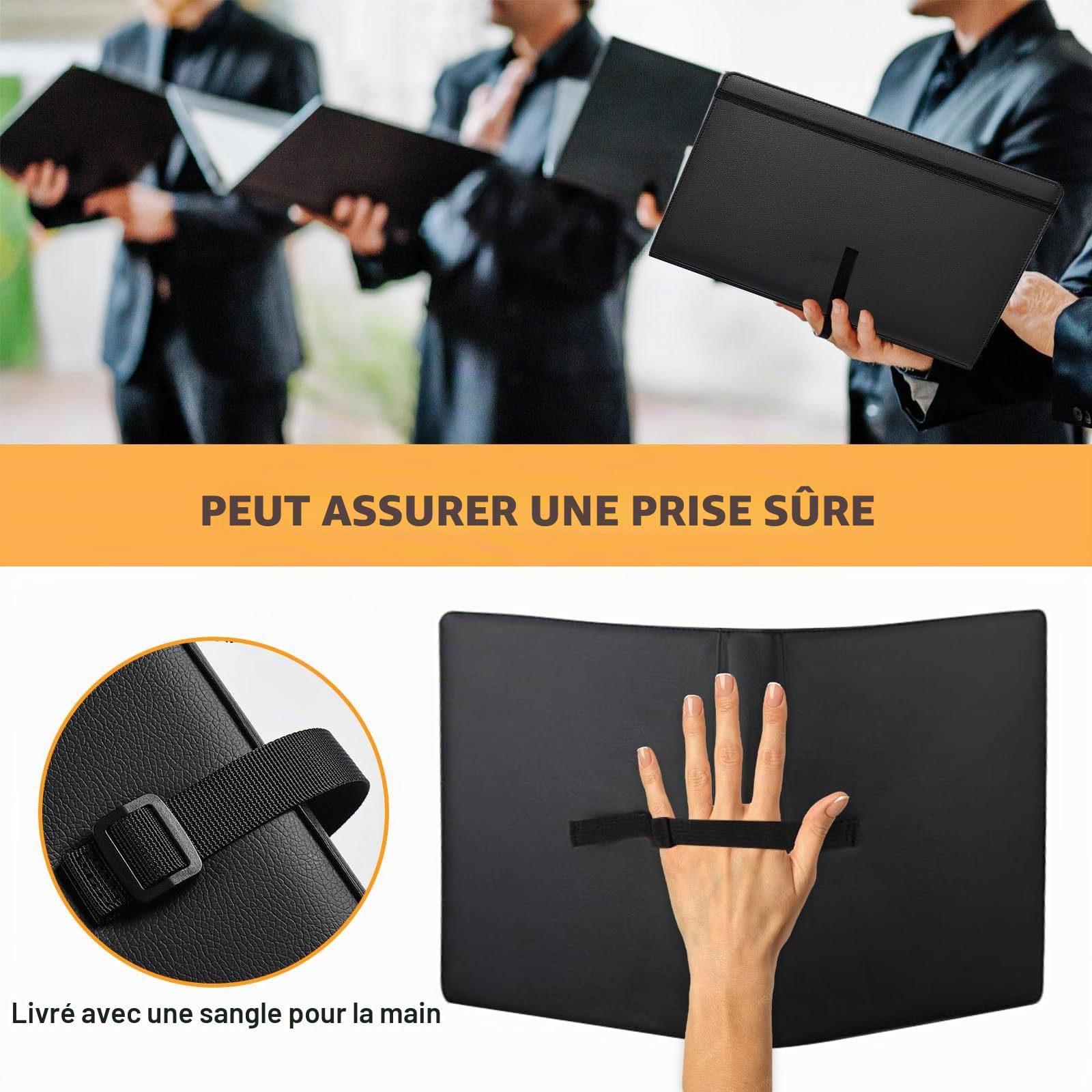 Porte-Partitions A4: Porte-Partitions Pour Chœur, Portes-Partition Pour Feuilles De Musique Poche Intérieure Et Dragonne, Classeur à Partition En Cuir PU Avec 3 Anneaux Pour Musicales (Noir)