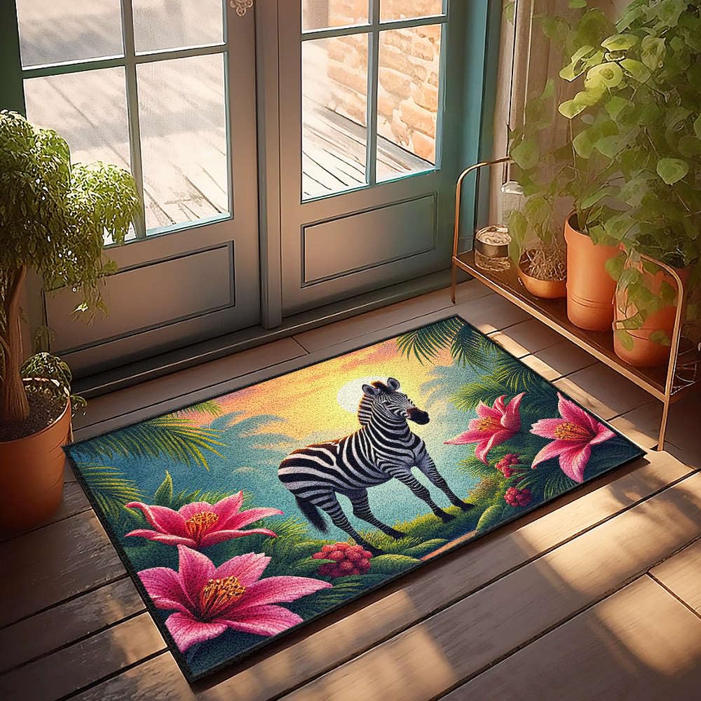 Paillasson extérieur 50x80 cm robuste et lavable à motif zèbre tropical anti-saleté