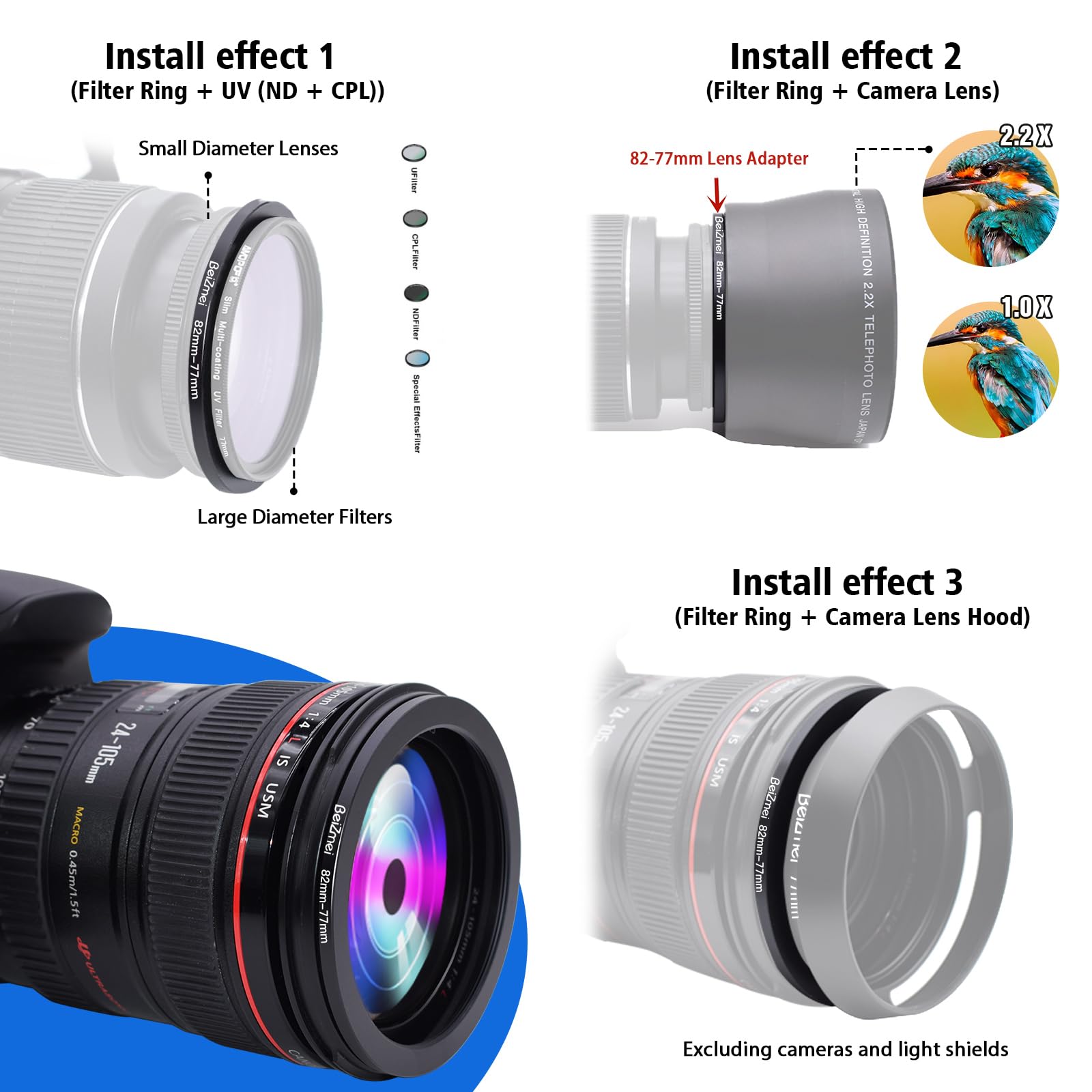 82mm a 77mm Anelli Adattatore Filtro Lente Compatibile con tutte 82mm le Obiettivo a 77mm UV ND CPL filtro,82mm lens to 77mm Filtro Ring