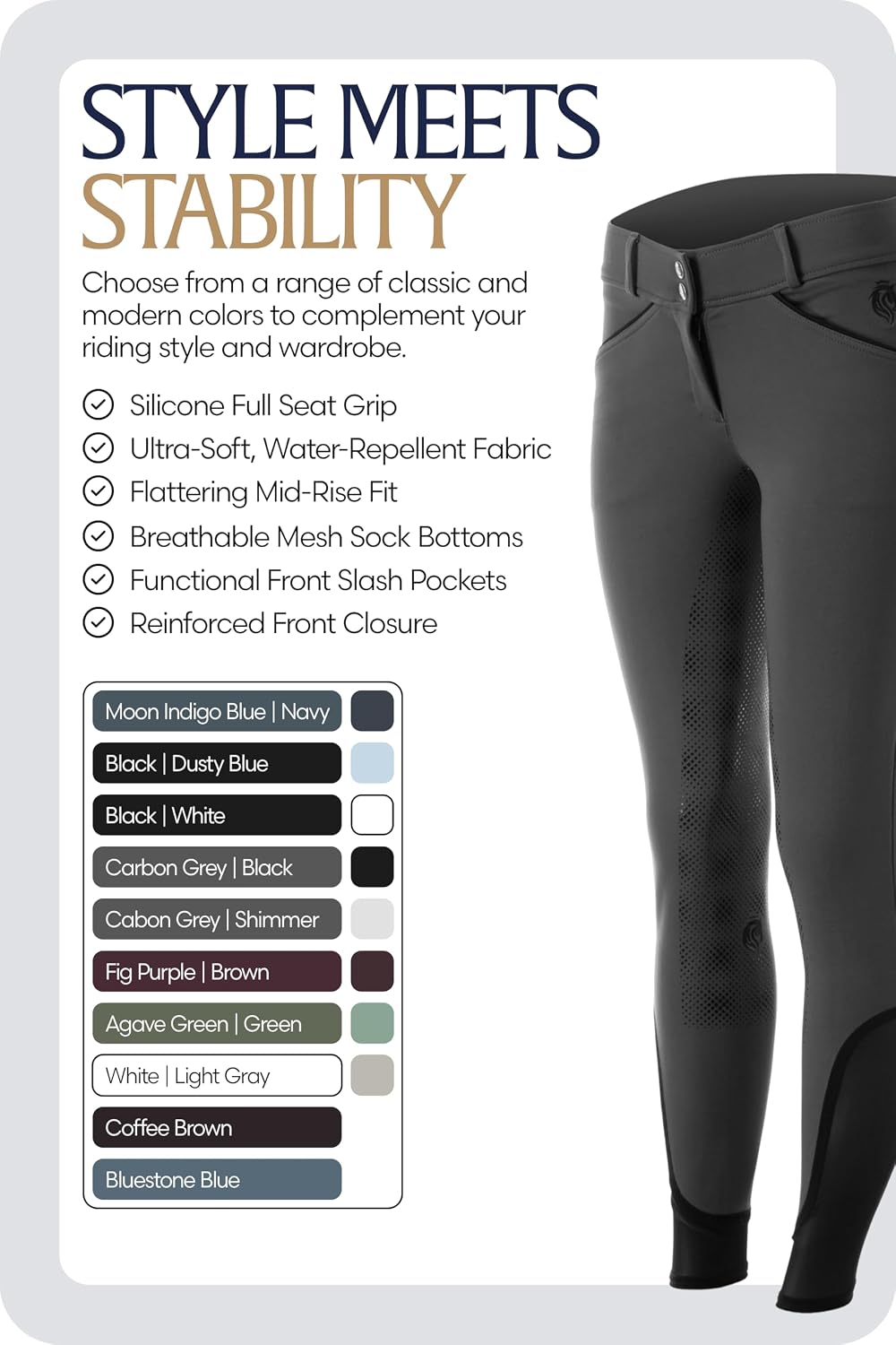 Equinavia Astrid Womens Silicone Full Seat Breeches | Mid Rise Riding Pants with Phone Pockets