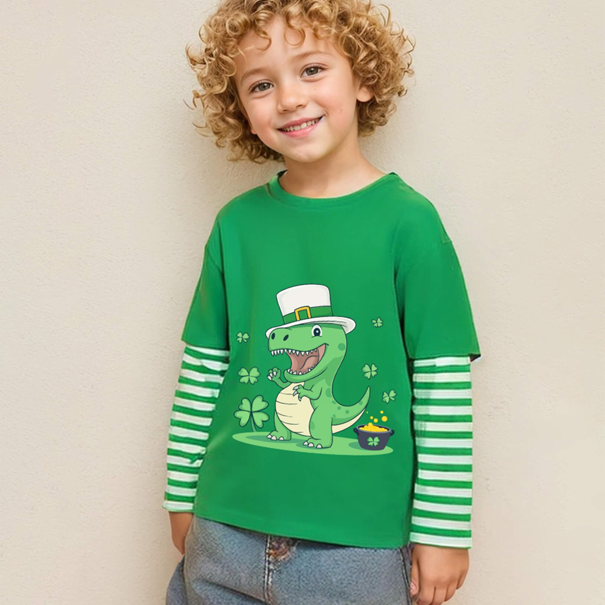 Toddler Boys St Patricks Day Shirts Long Sleeve T-Shirt Baby Lucky Clover Shamrock Rex Cotton Tee Green Stripe Irish Saint Tops for Kids 3T