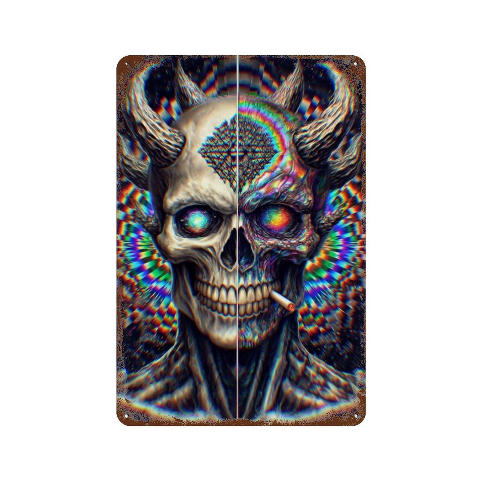 Psychedelic Devil Skull Art Print Vintage Rust Metal Sign 11.8"x7.9", Ideal for Cafe, Home Bar And Lounge Decor