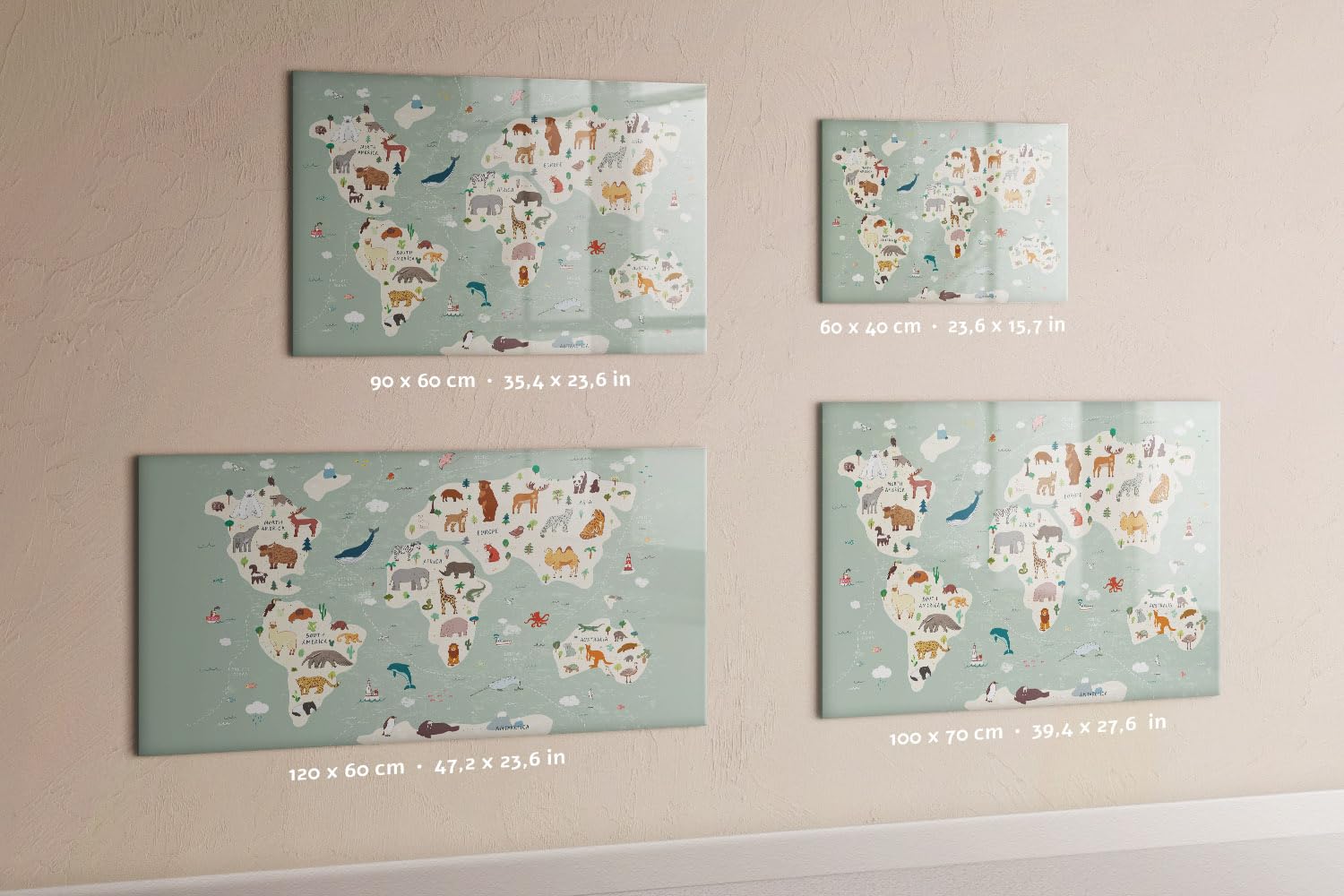 Lavagna magnetica per ufficio 120x60 cm | Mappa degli animali del mondo