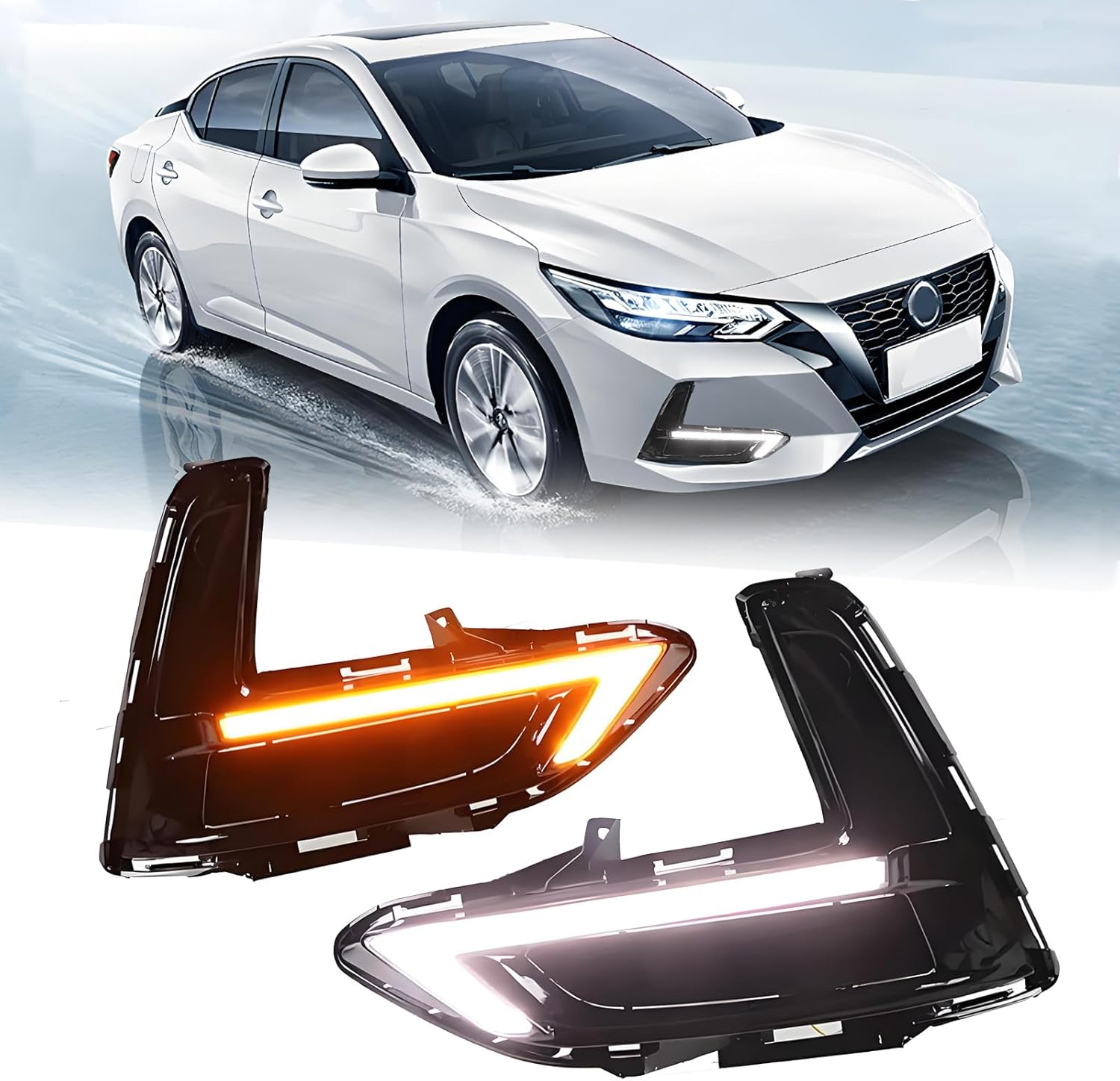 Generic LED DRL Fog Lights for Nissan Sylphy Sentra 2019-2022,Amber Turn Signal Streamer Lamp,White Daytime Running Light, Amber&White