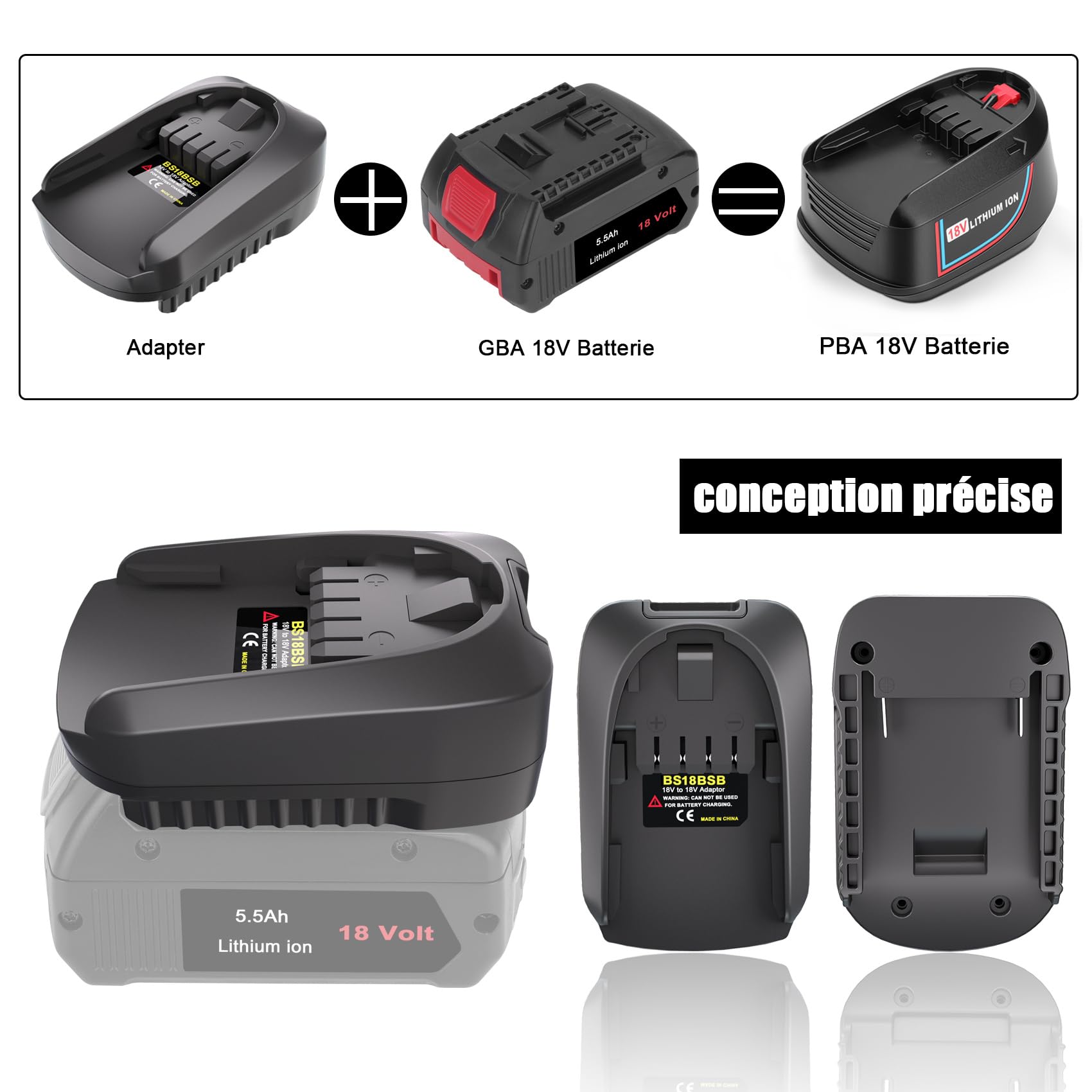 BS18BS Adaptateur Convertisseur pour Bosch PBA 18V Système Outils Sans Fil Compatible GBA 18V Batterie à Remplacer PBA 18 Volt (Pas de Batterie)