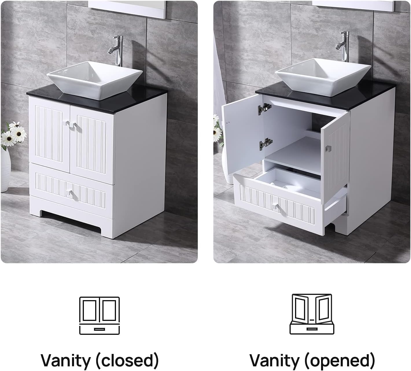 24 Inch Bathroom Vanity with Sink & Mirror & Glass Counter Top Combo Small Bathroom Sink Cabinet with 2 Doors & 1 Drawer & Faucet Drain Set (White)