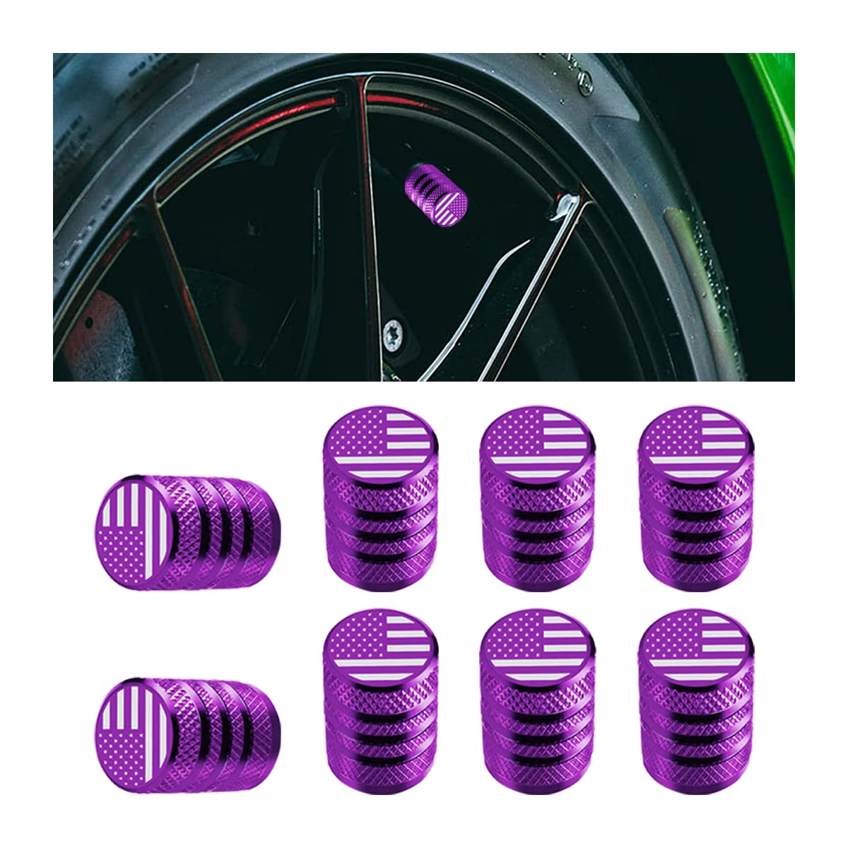 AICEL 8 PCS American Flag Auto Tire Valve Caps, Aluminum Alloy Car Tire Valve Stem Covers, Dust Proof Air Valve Lids Fit for Car, SUV, Bicycle, Truck, Universal Vehicle Accessories (Purple)