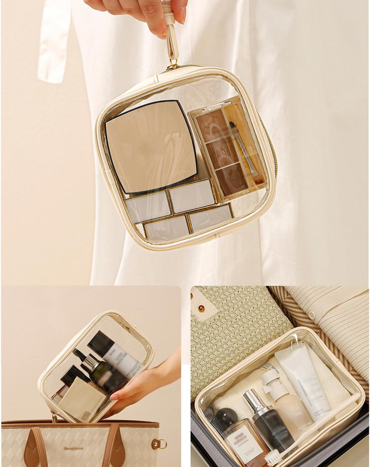 3Pcs Travel Clear Makeup Bag Set for Women, Transparent Toiletry Bag with Zipper Portable Makeup Pouch Organizer Waterproof Small Cosmetic Bag Compact Car Bag Organizer Car Accessories (White Set) - Image 3