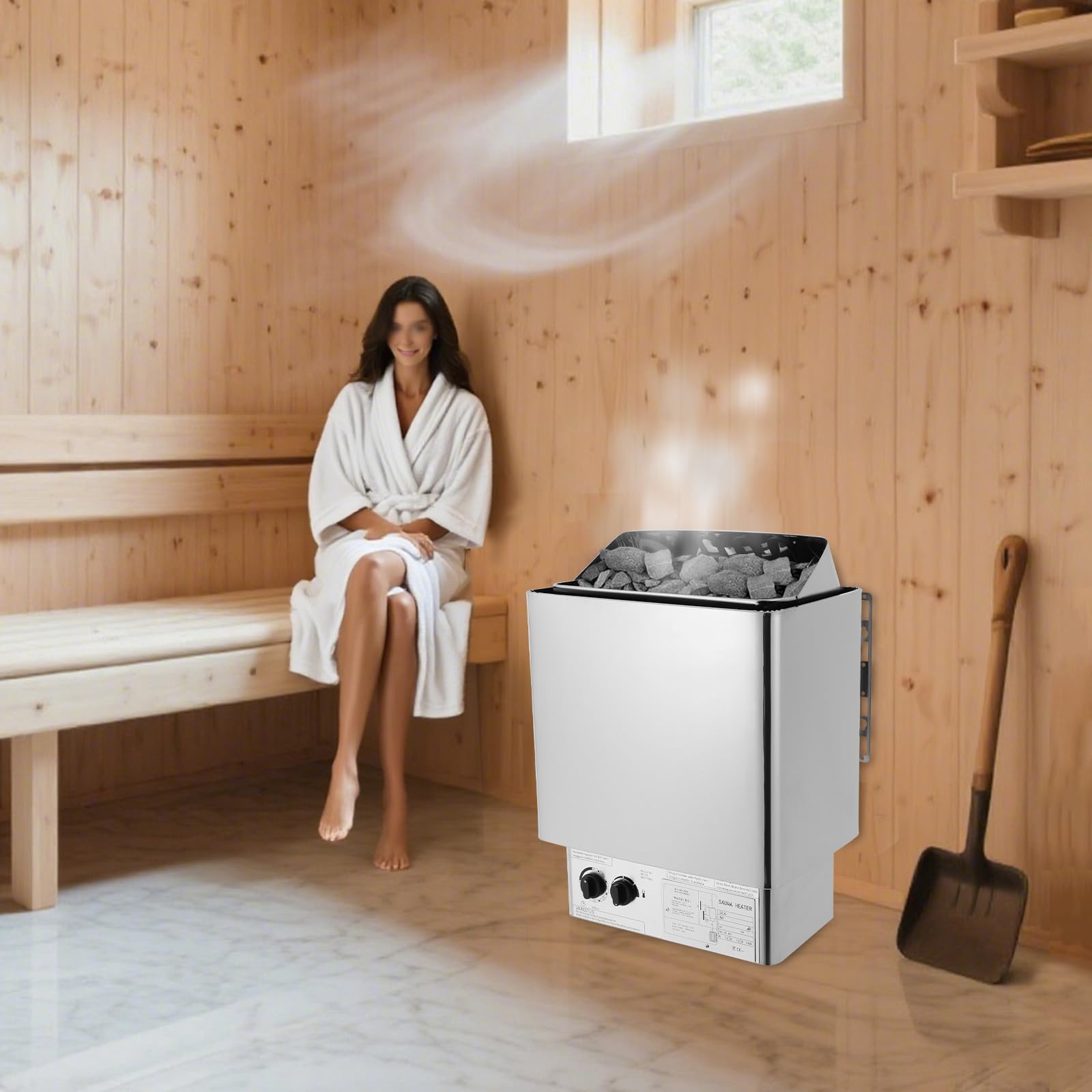 Piec do sauny 9 kW, stal nierdzewna, elektryczna, sucha sauna parowa ze zintegrowanym sterowaniem i zabezpieczeniem przed przegrzaniem, 9 m³, do sauny domowej/hotelowej/spa/prysznica, montaż na