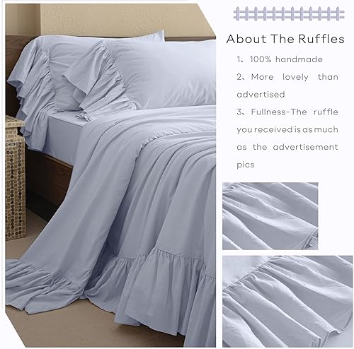 Miniatura 4 de QSH Juego de sábanas 100% algodón con volantes, tamaño Queen, color azul claro, juego de sábanas con volantes franceses, 4 piezas, extra suaves,