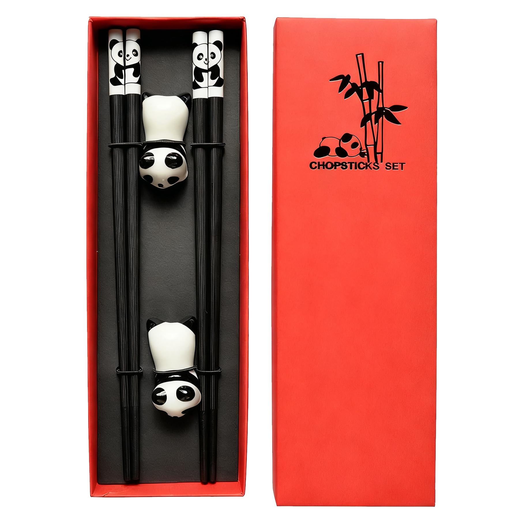 Gekamoyue 2 Pairs Chopsticks with Ceramic Panda Rests, Reusable Chopsticks, Dishwasher Safe, for Asian Dishes Sushi Rice NoodlesElegant Gift Box (Red)