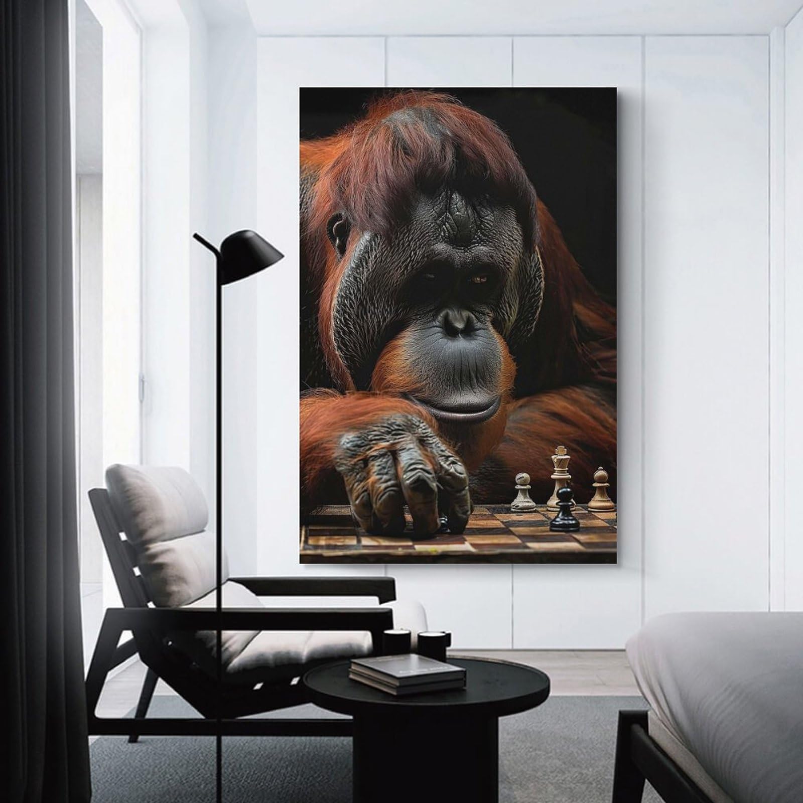 Junmoney Canvas Art Print Orangutan Chess, 20x30inch(50x75cm), for Office, Study Or Home Workspace, Home Office Artwork with Decorative Appeal