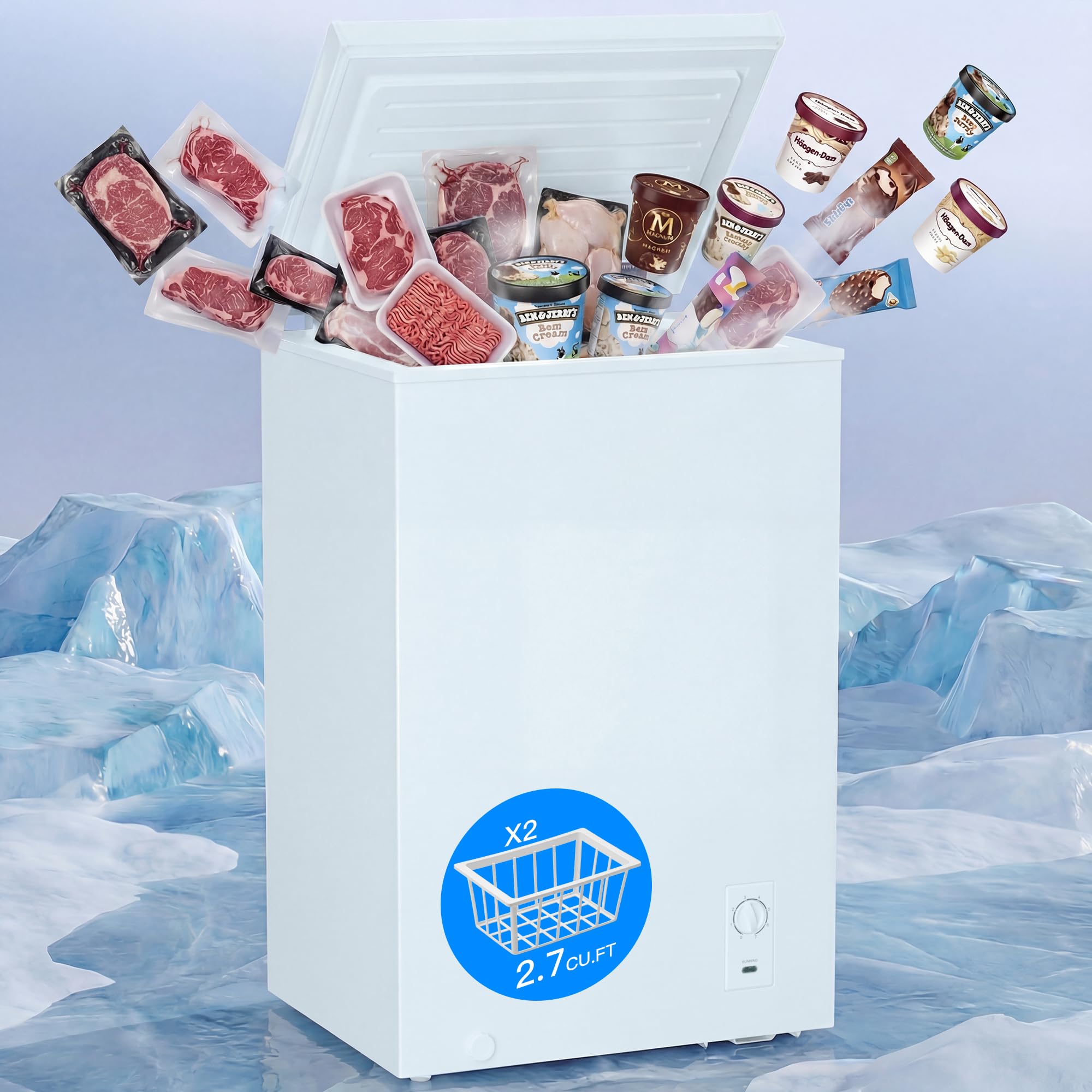 Mepty 2.7 Cu.Ft Chest Freezer,Top Open Door Deep Freezer With 2 Removable Baskets,7 Adjustable Thermostat,Built-In LED Light,Quiet Energy Saving Freezers For Home,Kitchen,Garage Use | Fridge.com