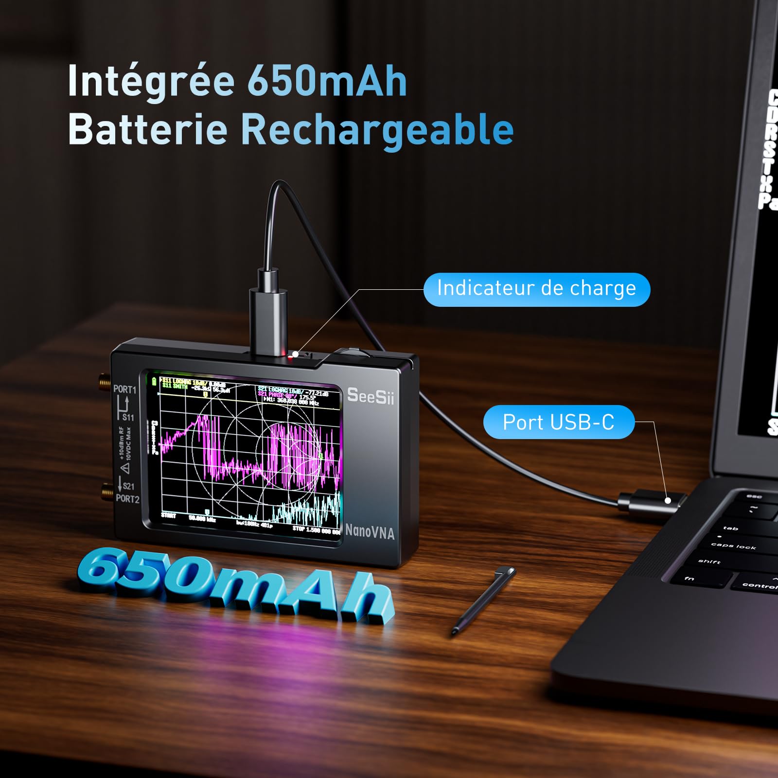 Seesii NanoVNA-H Analyseur de Réseau Vectoriel, Analyseur d'antenne V3,6 10KHz-1,5GHz MF/HF/VHF/UHF pour Paramètres S, Rapport d'onde Stationnaire de Tension et Graphique Smith Support SD Carte