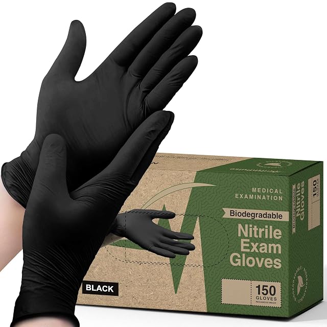 FifthPulse 150 Count Biodegradable Gloves - Black Nitrile Disposable Gloves - Medical Exam and Food Safe - Latex