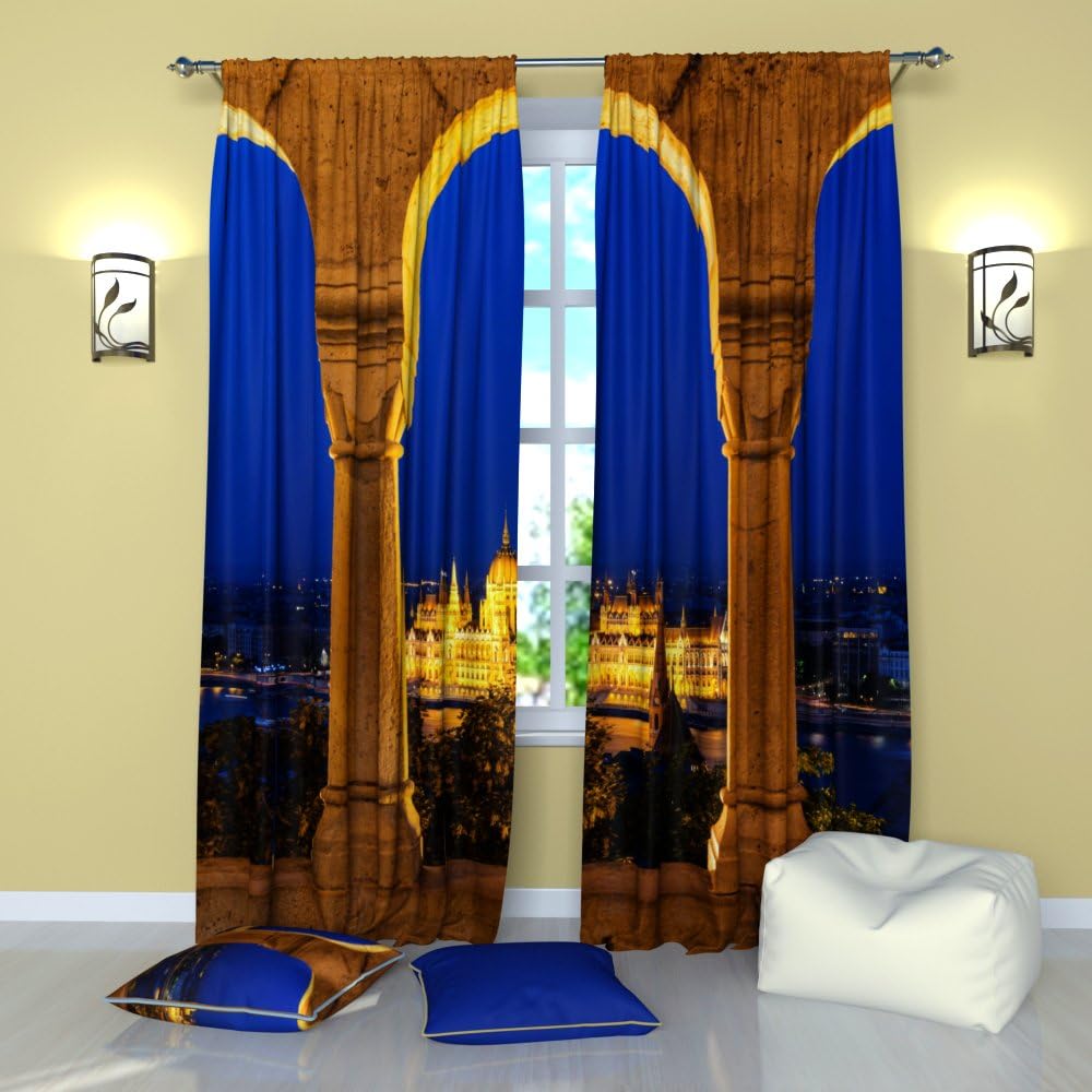 Factory4me Art Landscape Curtains Beautiful Seaside and Majestic Cliff Nature Curtains with Plant Arch, Rod Pocket Room Darkening Drapes 84 inches Long For Living Room Bedroom Kitchen Blue Beige Green