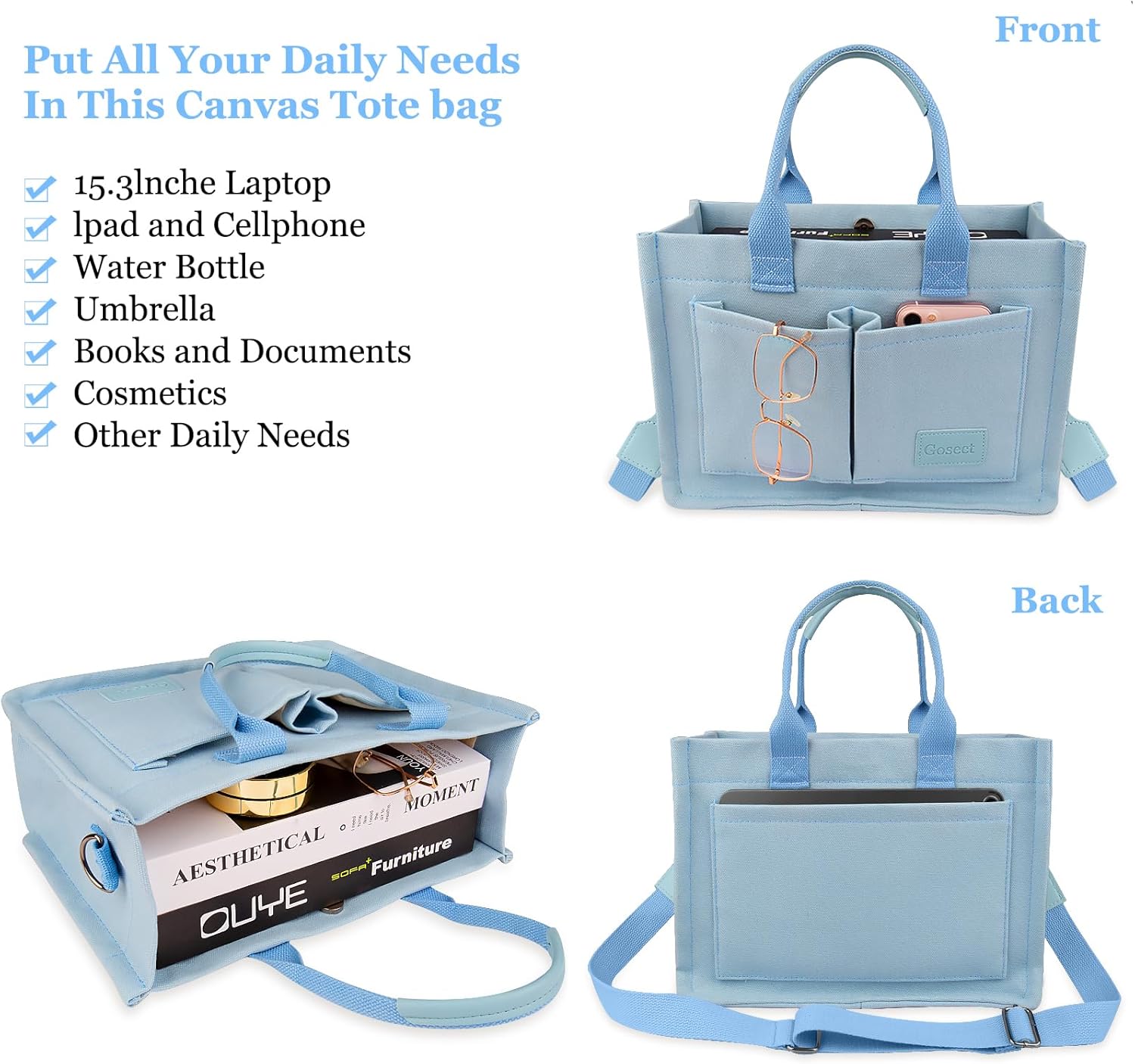 Canvas Tote Bag for Women With Pockets, Laptop Work Crossbody Purses Everything Shoulder Tote Bag Everyday Satchel Handbags - Image 5