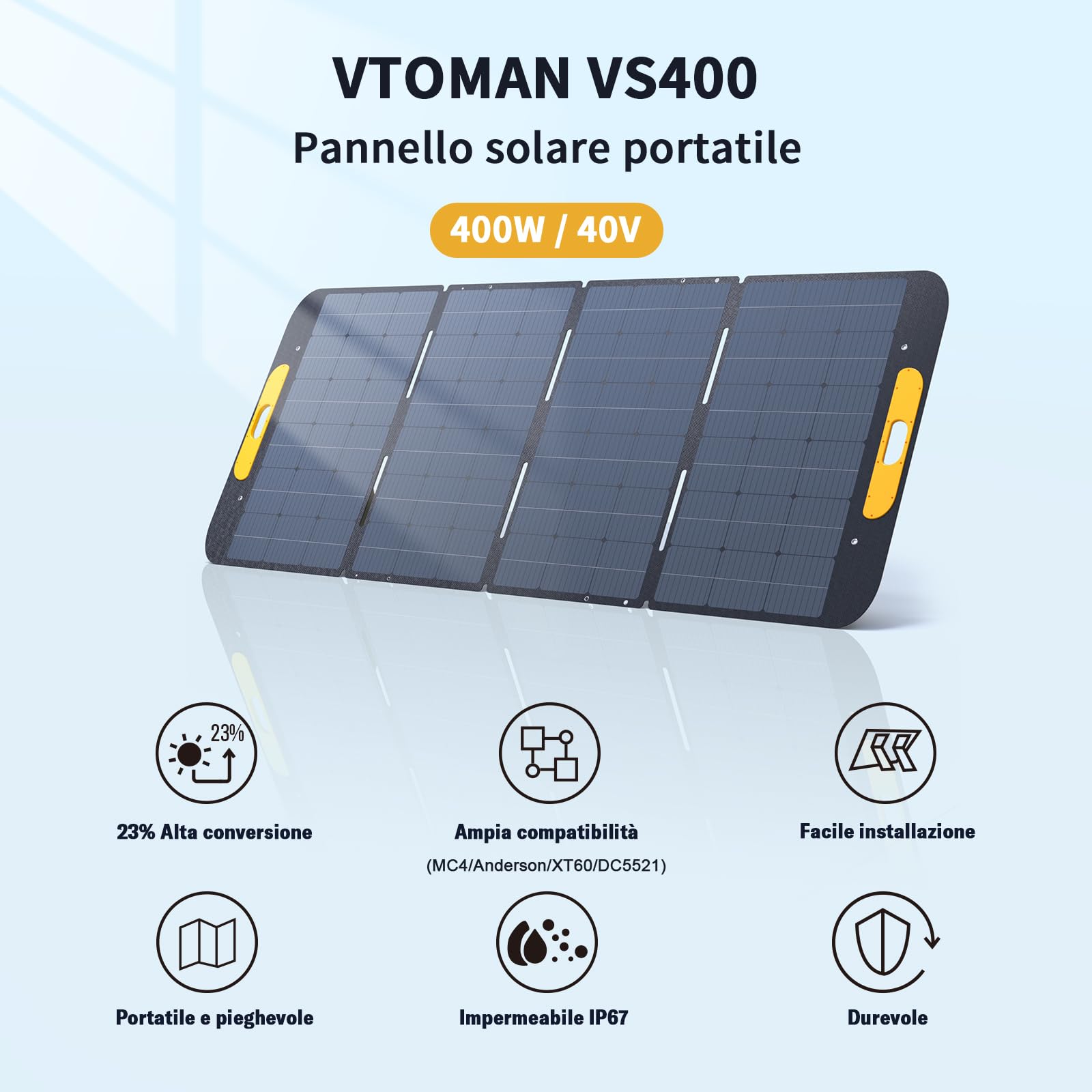 VTOMAN VS400 Pannello Solare Portatile 400W 43V, 25% Efficienza Pannello Solare Pieghevole/IP67 Impermeabile con Adattatori Anderson XT60 XT90 DC5521, Piedini Regolabili(Adatto per FlashSpeed 1500)