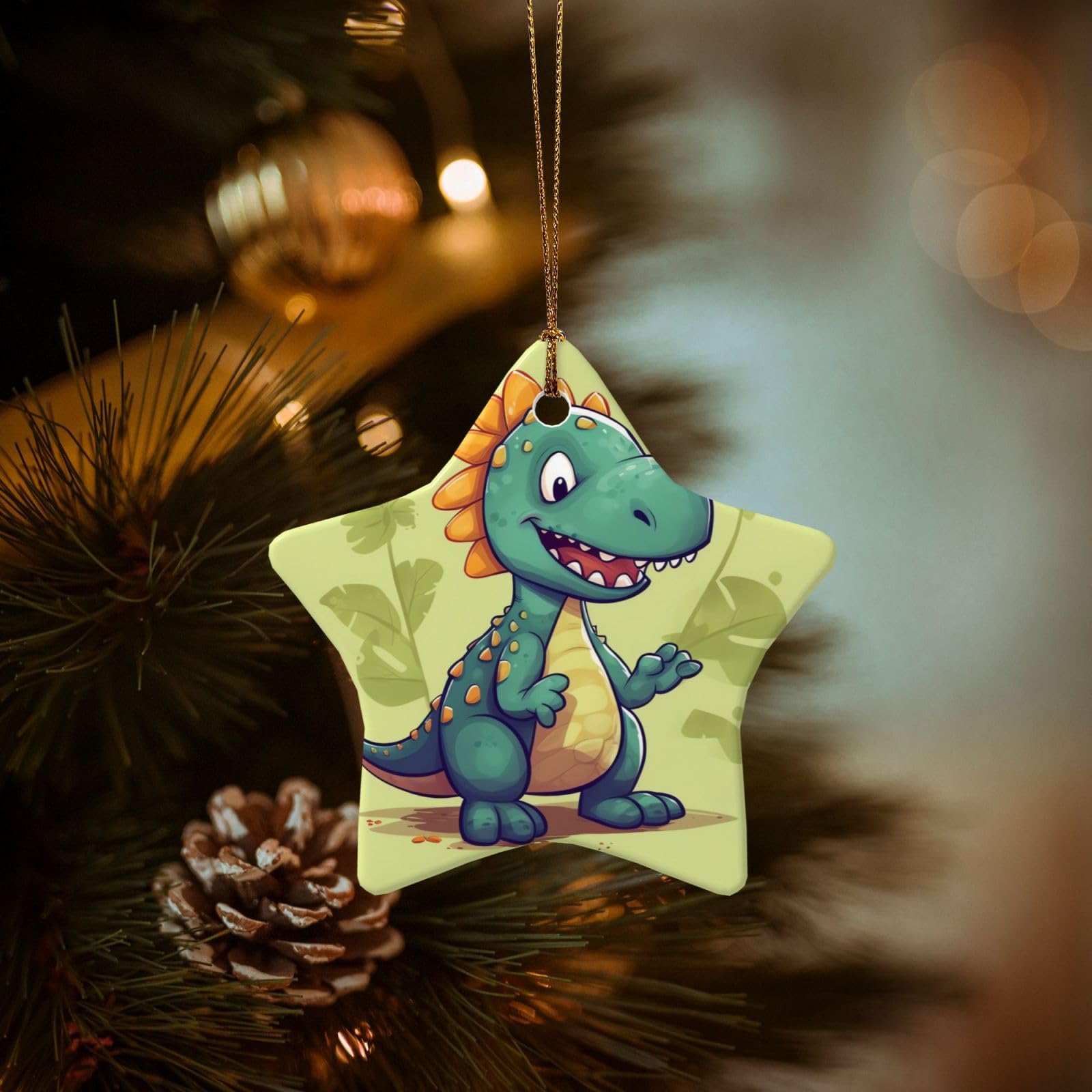 Christmas Tree Ornaments Ceramics Christmas Decorations Cartoon Dinosaur Ornaments with Gold Ribbon Porcelain Xmas Tree Crafts Star Shape Hanging Pendant for Christmas Tree Party Decor