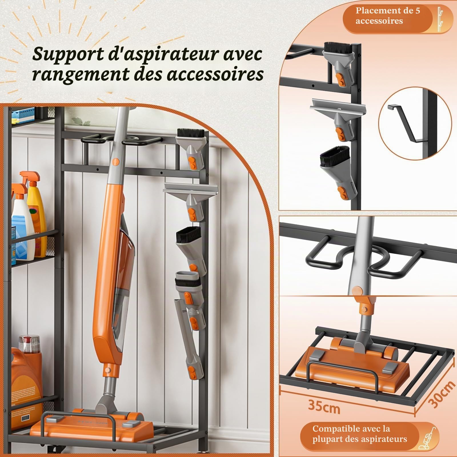 Porte-Balai et Organisateur Produits de Nettoyage, Chariot de Ménage avec roulettes et Armoire, Support pour Balai et Serpillière avec Support Aspirateur, Chariot Multiusage pour Maison et Buanderie