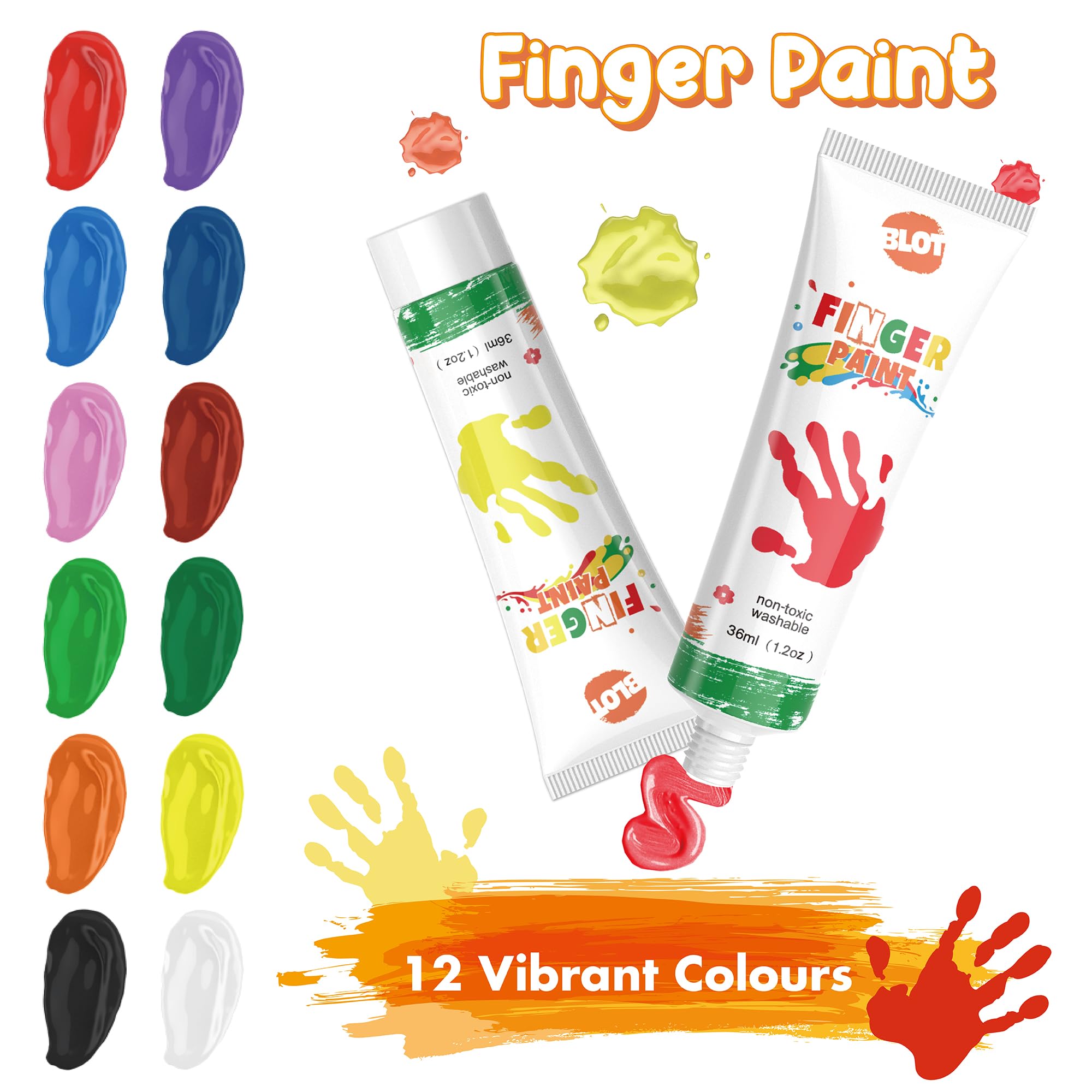 BLOT Pintura de Dedos para Niños Pequeños, Set de Pinturas de Dedos Lavables para Niños, 12 Colores (36ml cada uno), Incluye 7 Herramientas de Esponja, 6 Pinceles, Paleta y Cubo, A partir de 3 años
