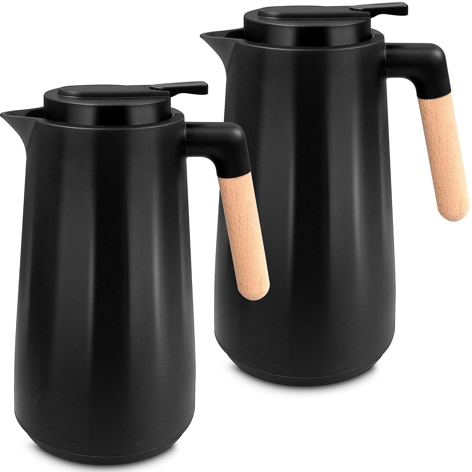 Lot de 2 Carafes Isothermes 1 L avec Doublure en Verre et Poignée en Bois - Pichet Thermique Double Paroi Sous Vide, Jug pour Café, Thé, Lait ou Chocolat Chaud, Noir