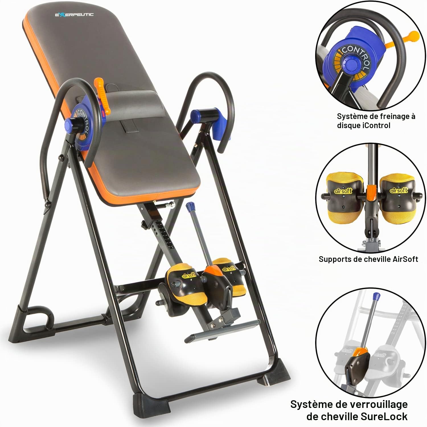 Table d'inversion Exerpeutic 975SL Tout Inclus Robuste avec Une capacité de 159 kg, Coussinets de Cheville Air Soft, systèmes Surelock et iControl