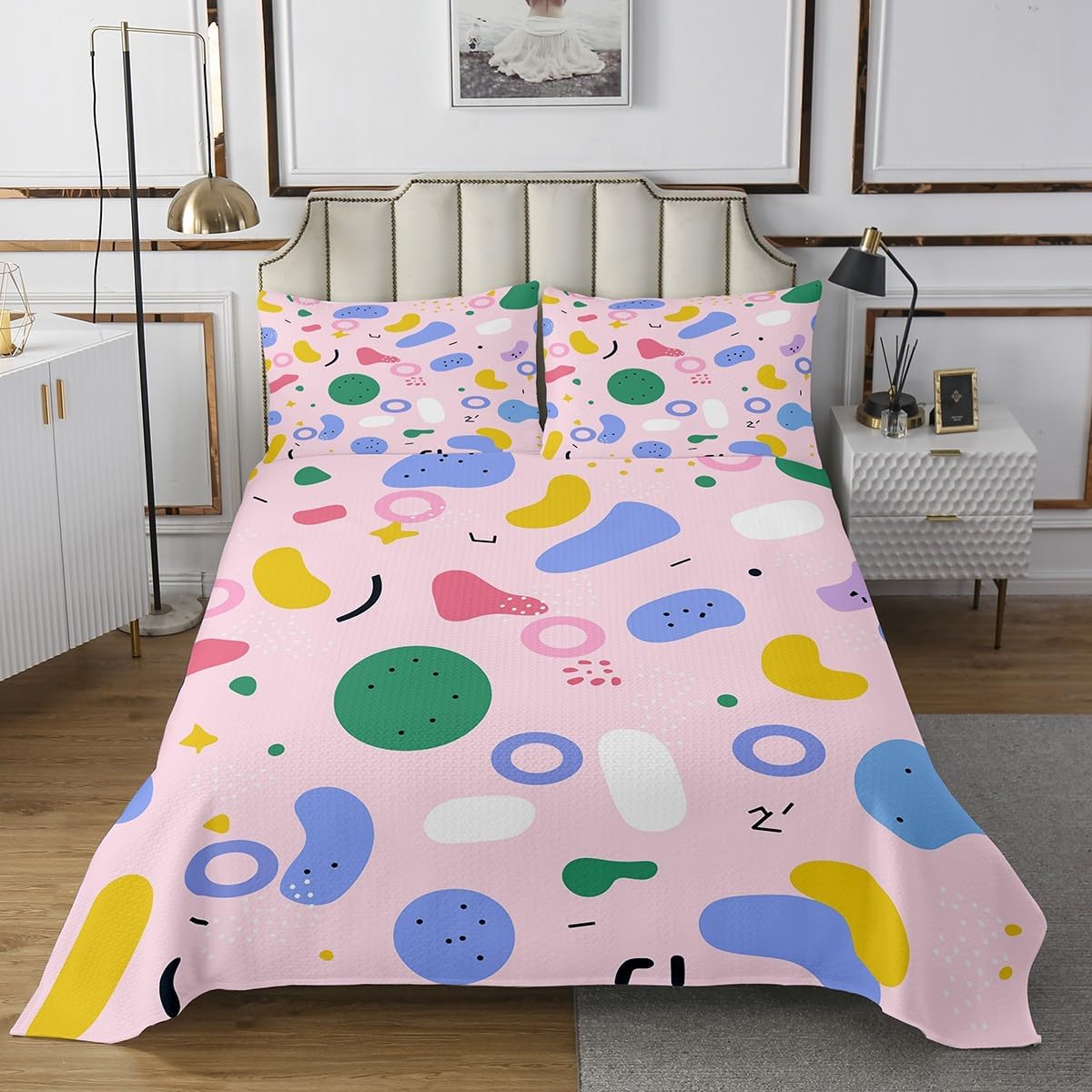 Rainbow Cow Print Bedspread Set Memphis Pattern Old Fashioned Coverlet Set King,Geometric Abstract Colorful Dots Quilt Set 80s 90s Retro Bed Set,Multicolor Vintage 80'S Style 1980S Home Decor